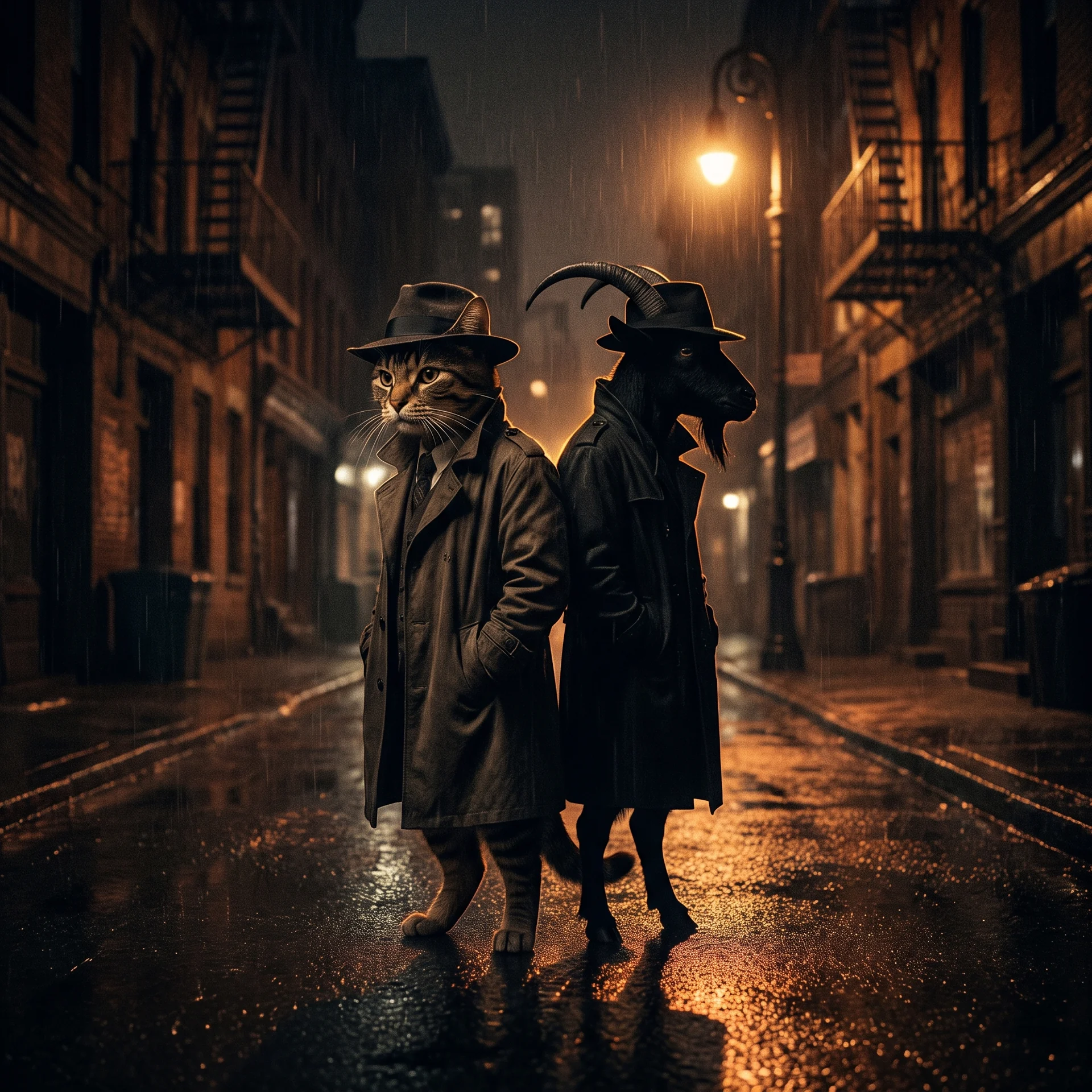 A tabby cat and a horned goat silhouette back to back on a rainy noir street