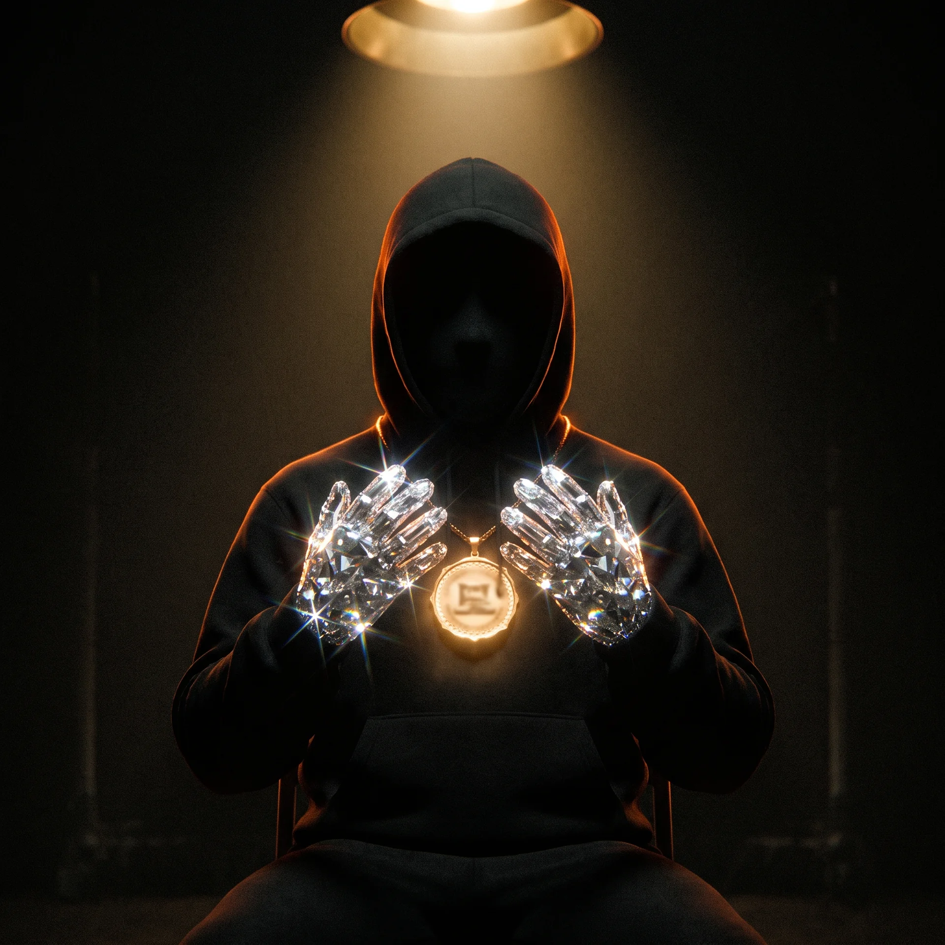 A hooded figure with crystalline diamond gloves cupping a glowing gold medallion