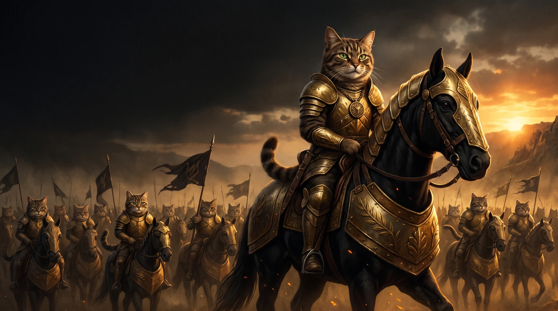 An armored tabby cat on a black warhorse leading a vast army of armored cats under tattered banners at sunrise