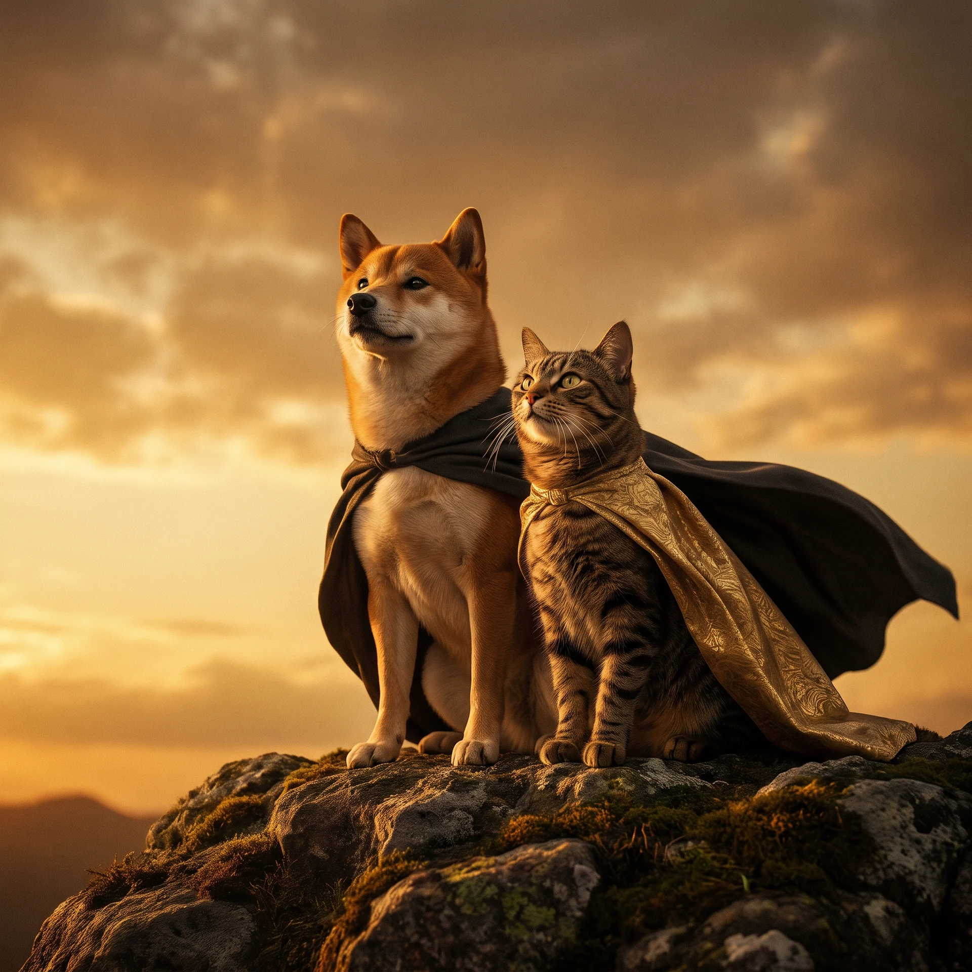A Shiba Inu and a tabby cat in capes at sunrise