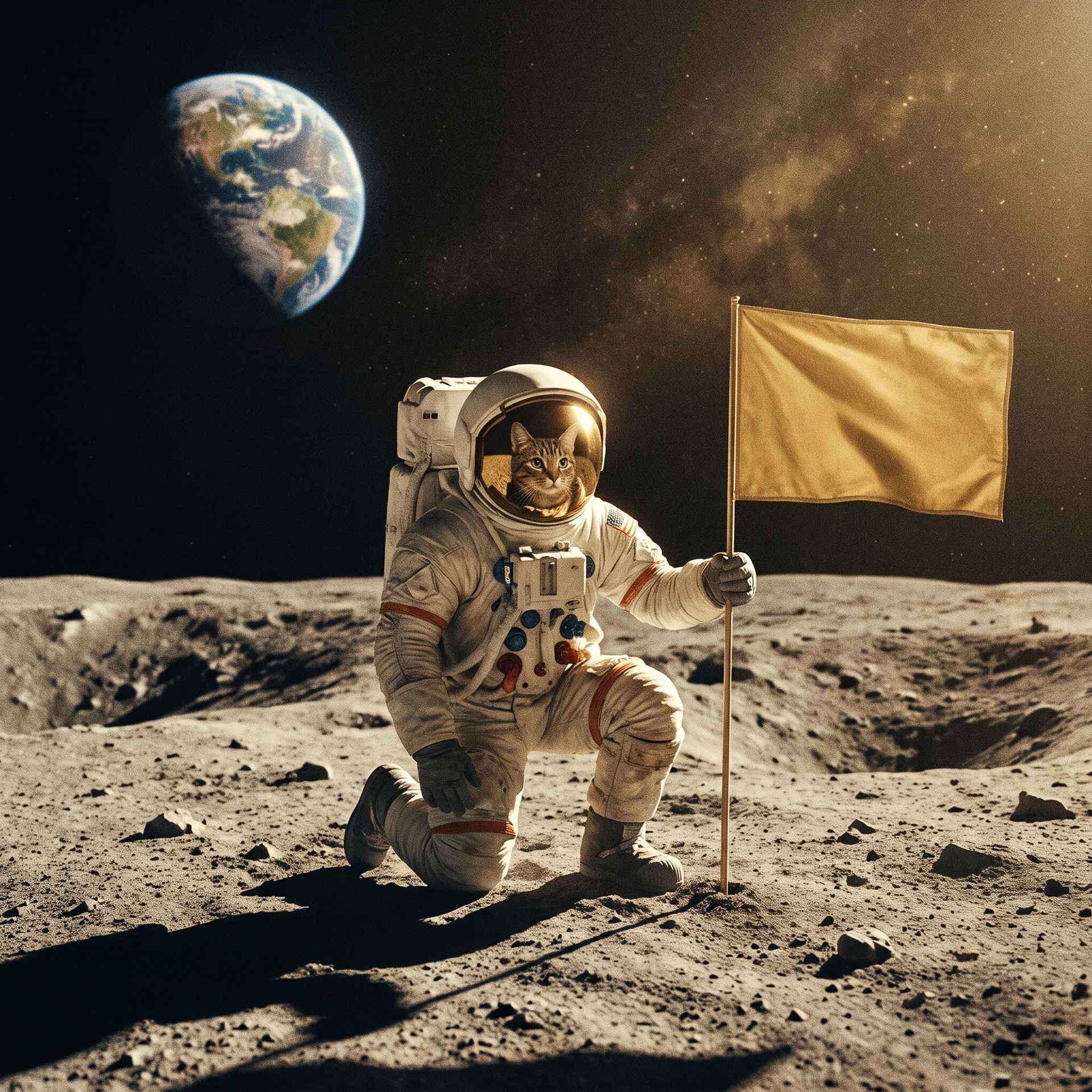 An astronaut cat planting a gold banner on the lunar surface