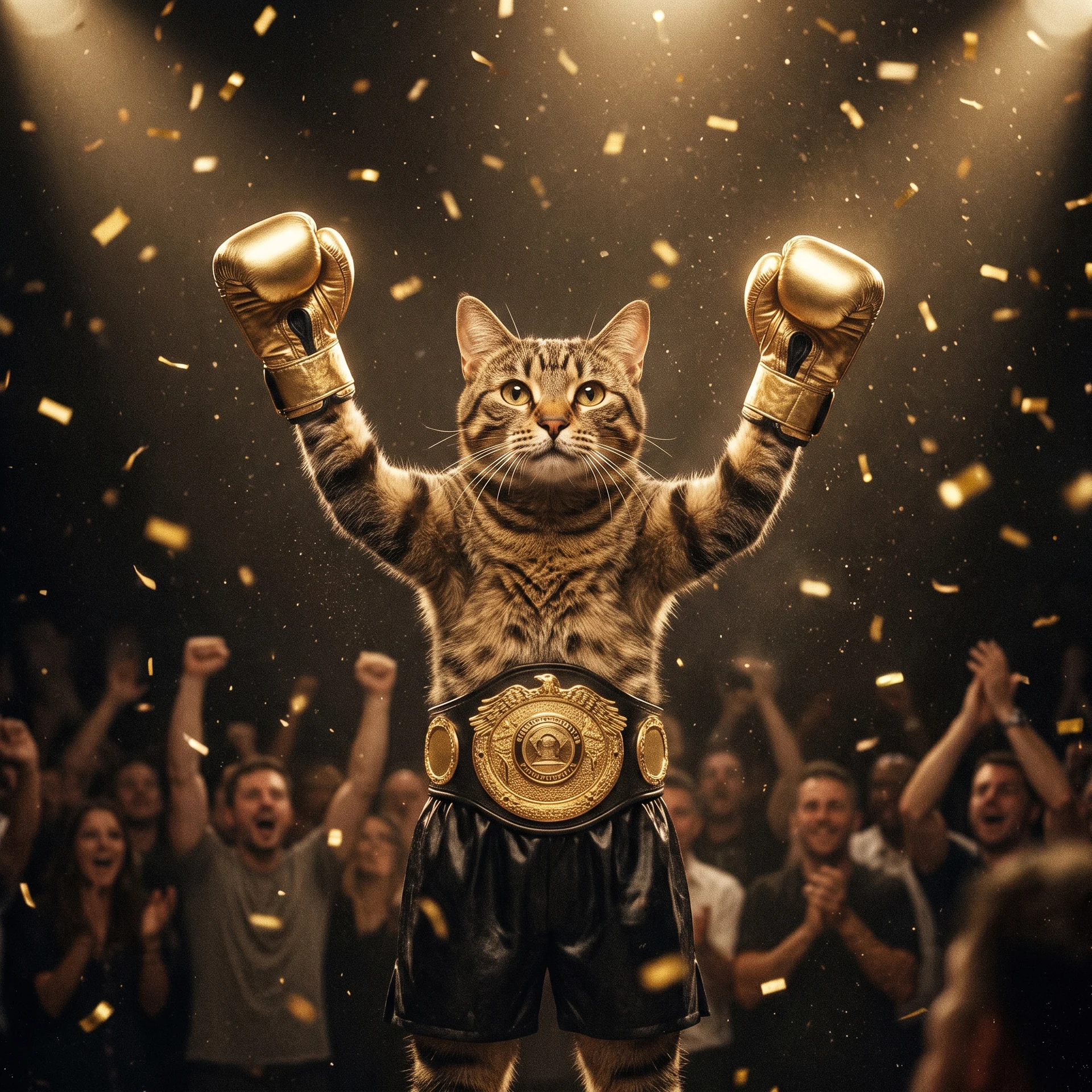 A tabby cat in gold boxing gloves and a champion belt, arms raised