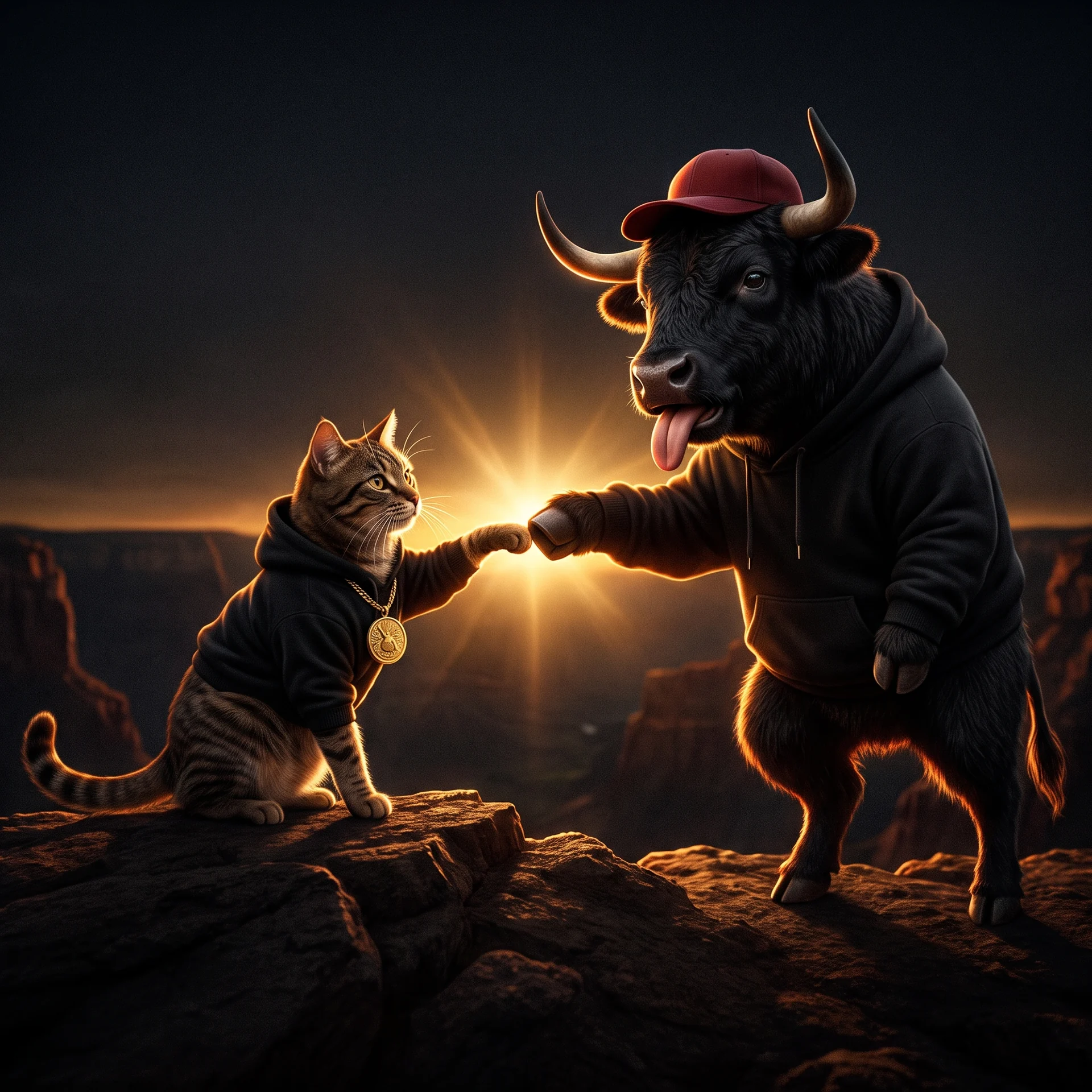A tabby cat and a bull in a red cap bumping fists at sunset
