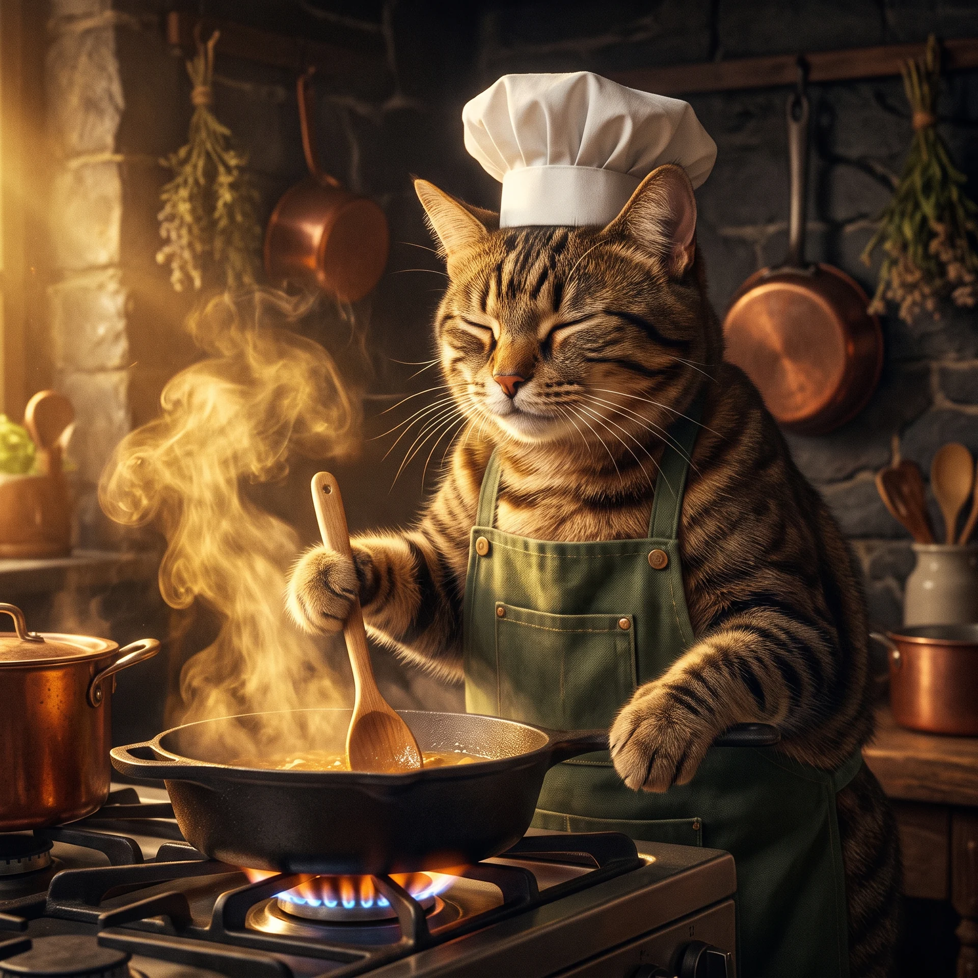 A tabby cat in a chef hat stirring a glowing pan