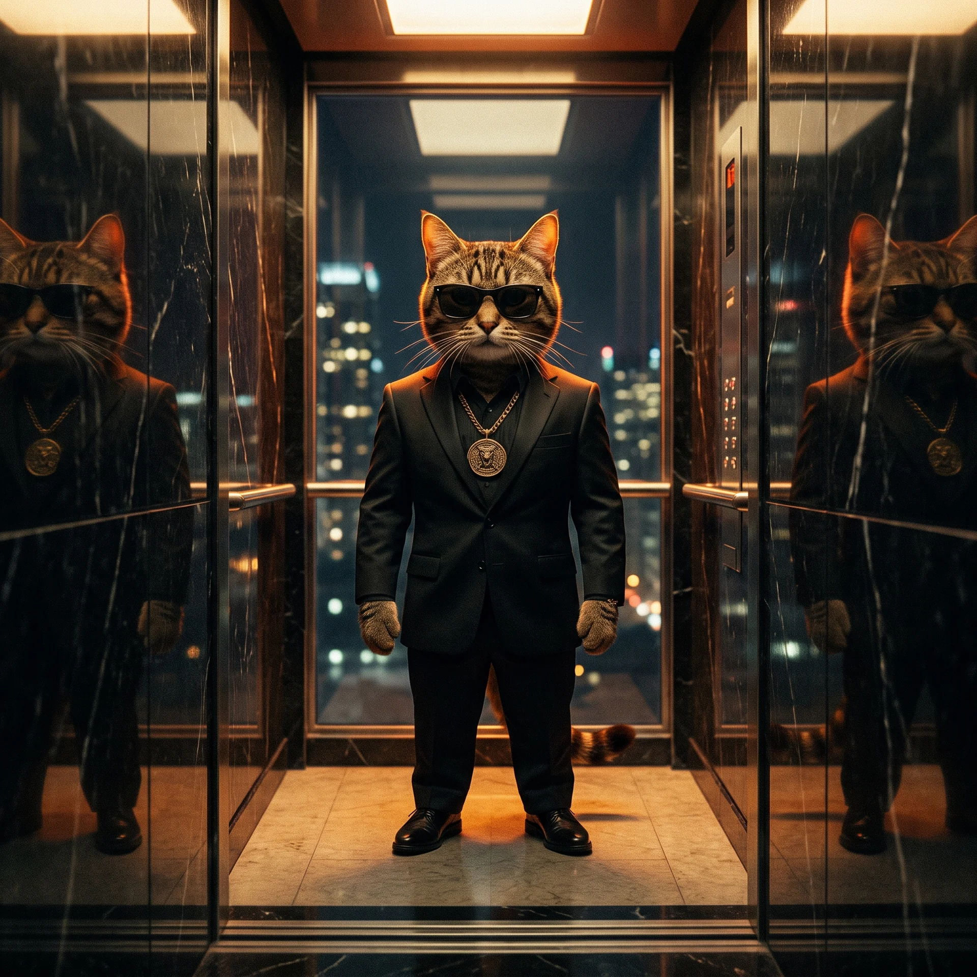CATE in a black suit and sunglasses in a mirrored elevator