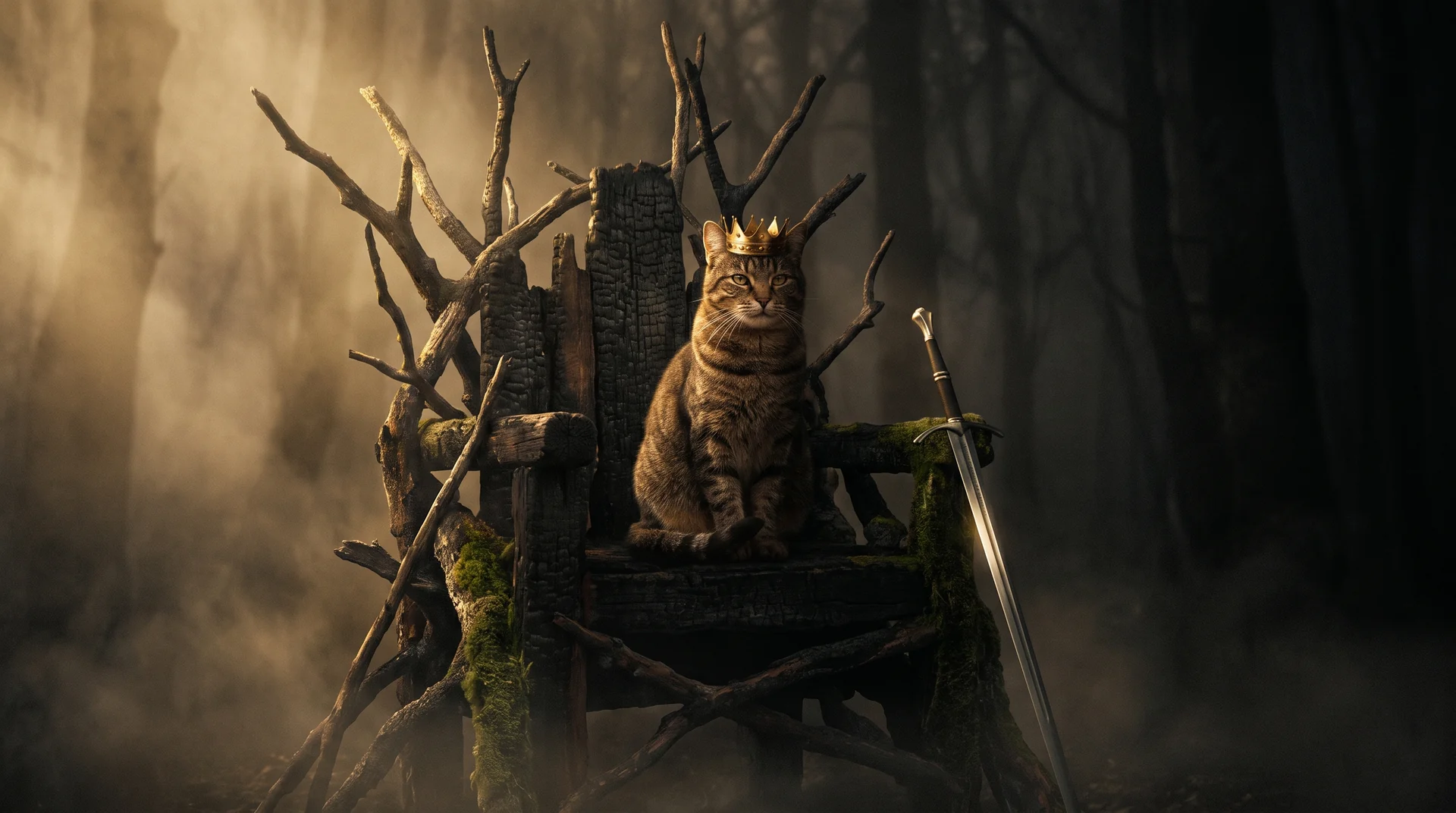 A crowned tabby cat seated on a throne of branches in a misty dark forest