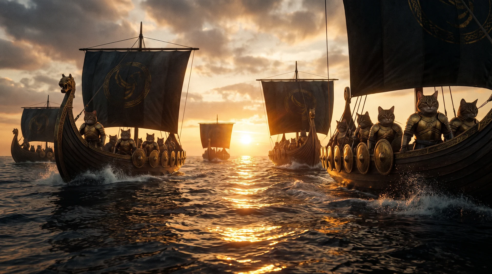 A fleet of longships crewed by armored cats at sunrise