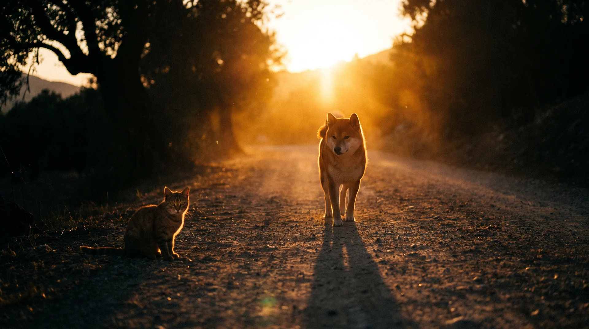 A Shiba Inu walking down a dirt road into a blazing sunset while a small tabby cat watches from the roadside