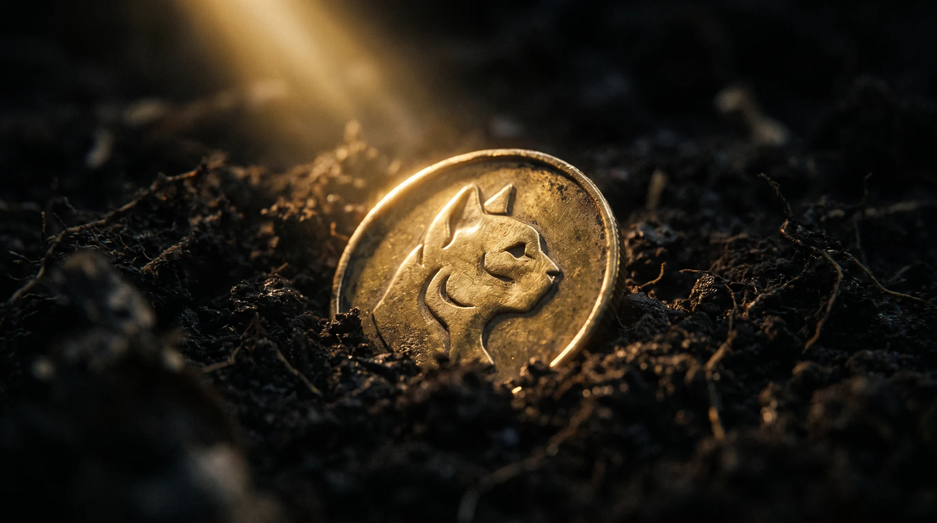 A gold coin bearing an embossed cat face, half buried in dark earth and catching a beam of light