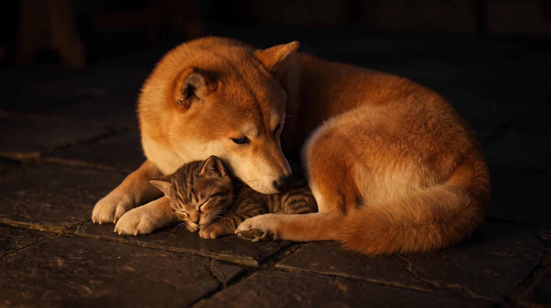A Shiba Inu curled protectively around a sleeping tabby kitten beside warm firelight