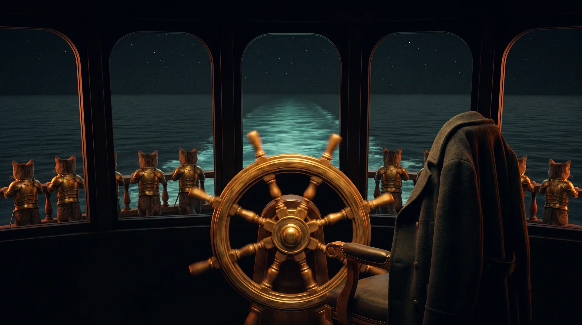 A ship's wheel turning by itself at night beside an empty captain's chair, the vessel still under way with armored cats at the rails