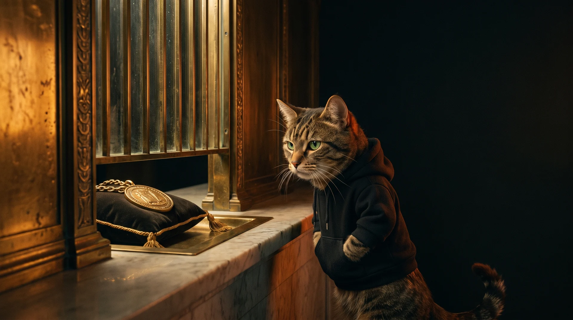 A tabby cat in a black hoodie at a brass bank teller window, looking at a gold medallion resting on a cushion behind the glass