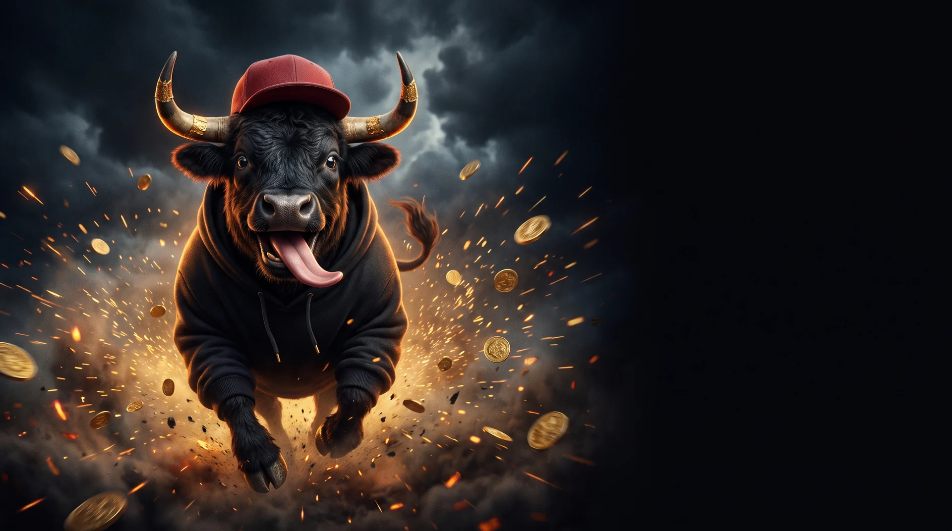 A black bull in a red cap and hoodie charging through a storm of flying gold coins and sparks