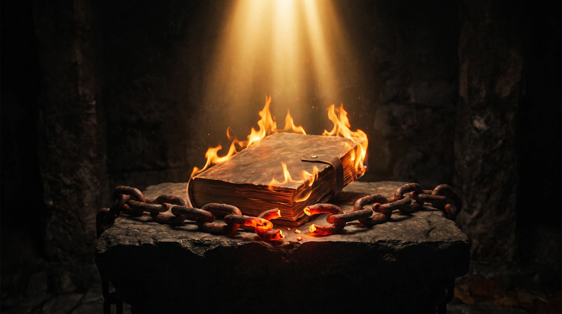 A burning ledger book and a cleanly broken iron chain on a dark stone altar