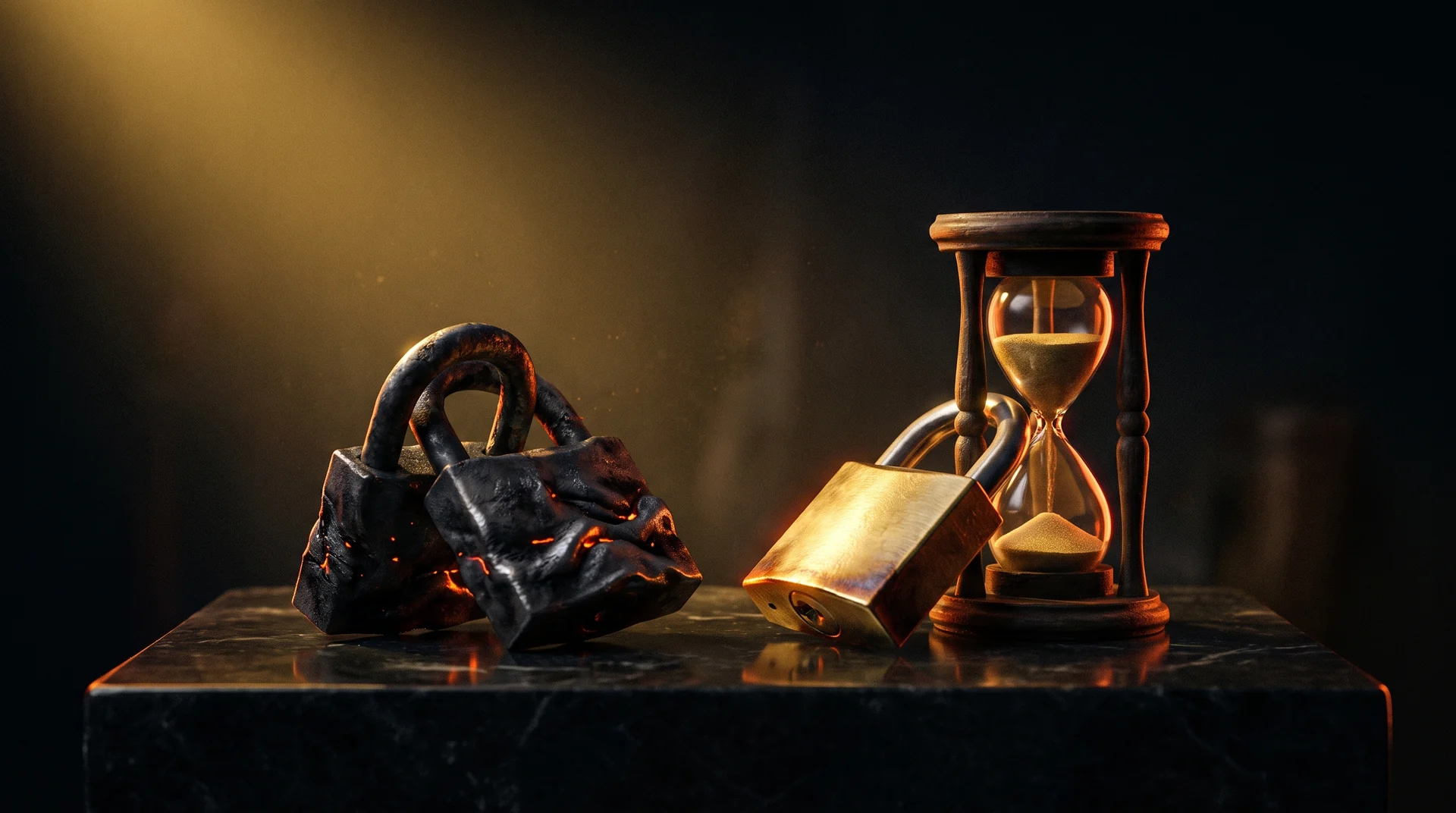 Two burned and fused padlocks beside an intact brass padlock threaded through an hourglass whose sand is running out