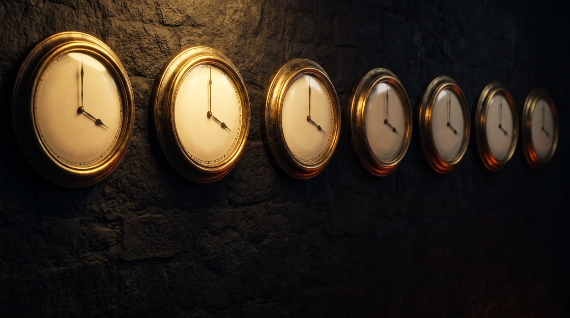 A row of eight ornate antique brass wall clocks on a dark stone wall, each showing a very slightly different time only a minute or two apart, their polished dials catching warm gold light