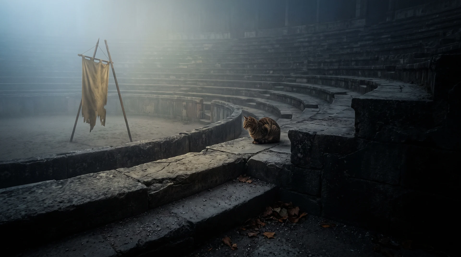 An empty stone amphitheatre at dawn with a single tattered banner and one small tabby cat sitting alone in the stands