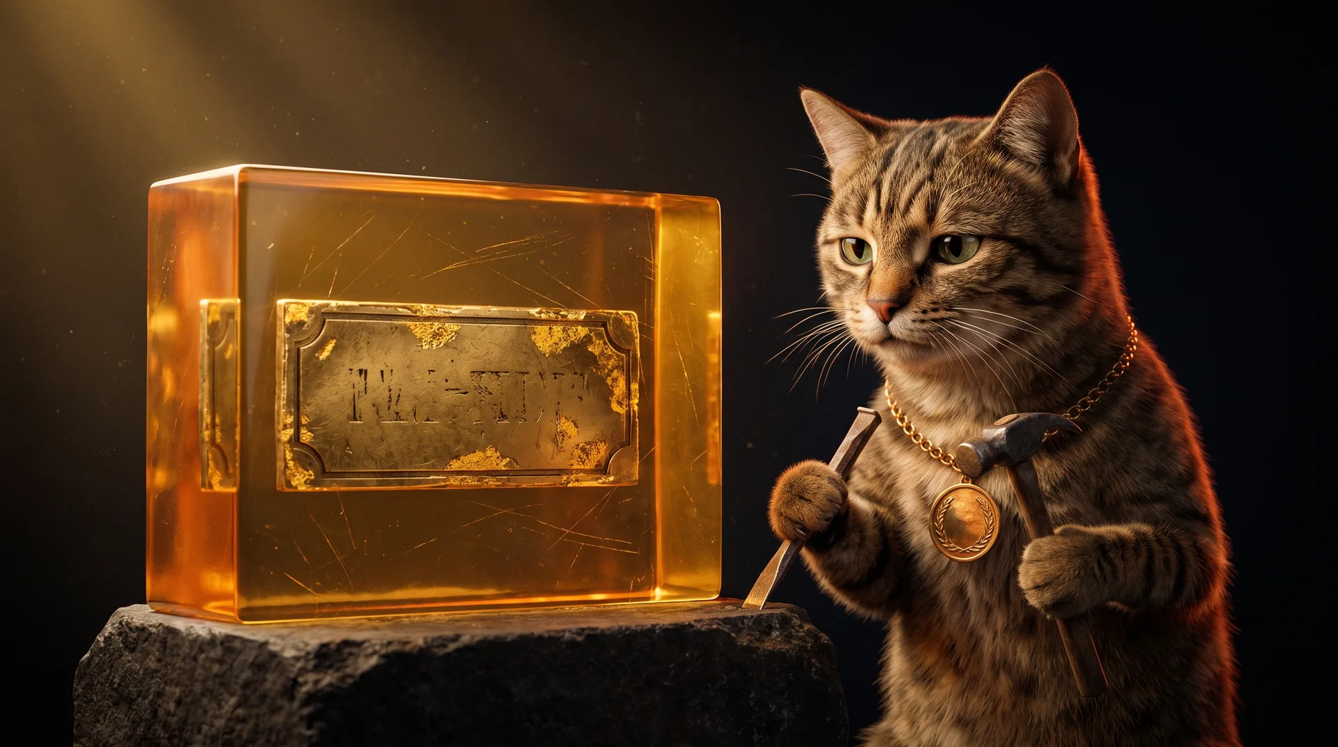 An engraved gold nameplate sealed inside a block of amber on a stone plinth, a tabby cat beside it holding a chisel it cannot use