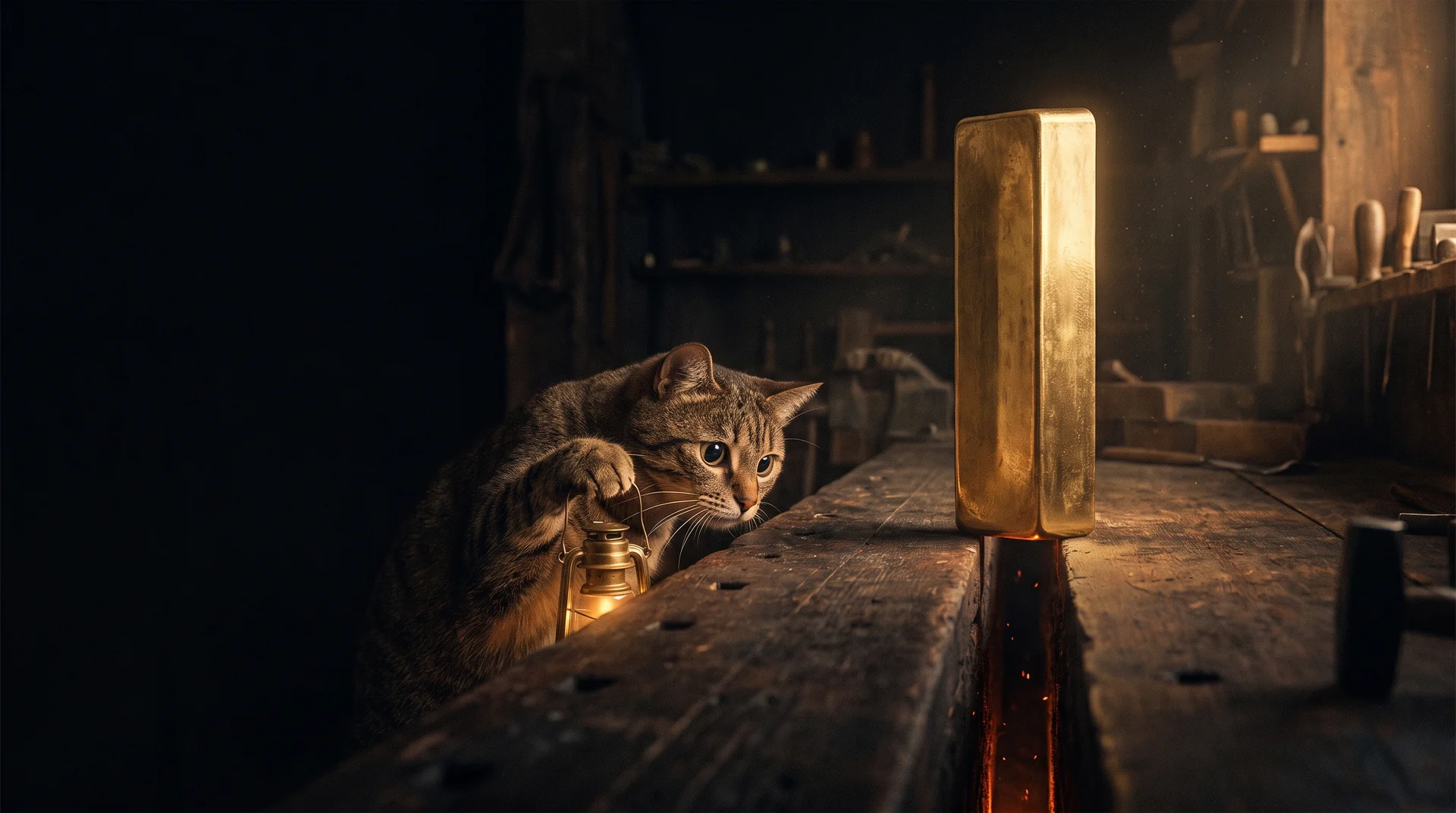 A tall brass column on a workbench above a narrow crack running far deeper into darkness, with a tabby cat peering into it with a lantern