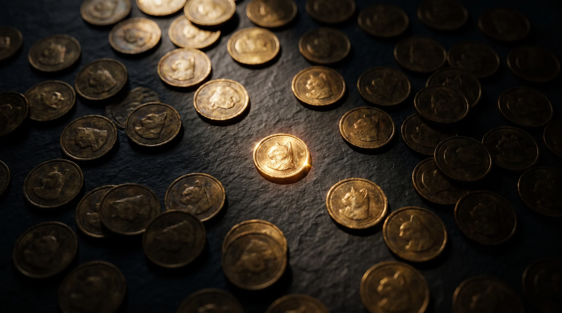 Many nearly identical gold cat coins on dark slate, all dull and out of focus except one that is sharply lit