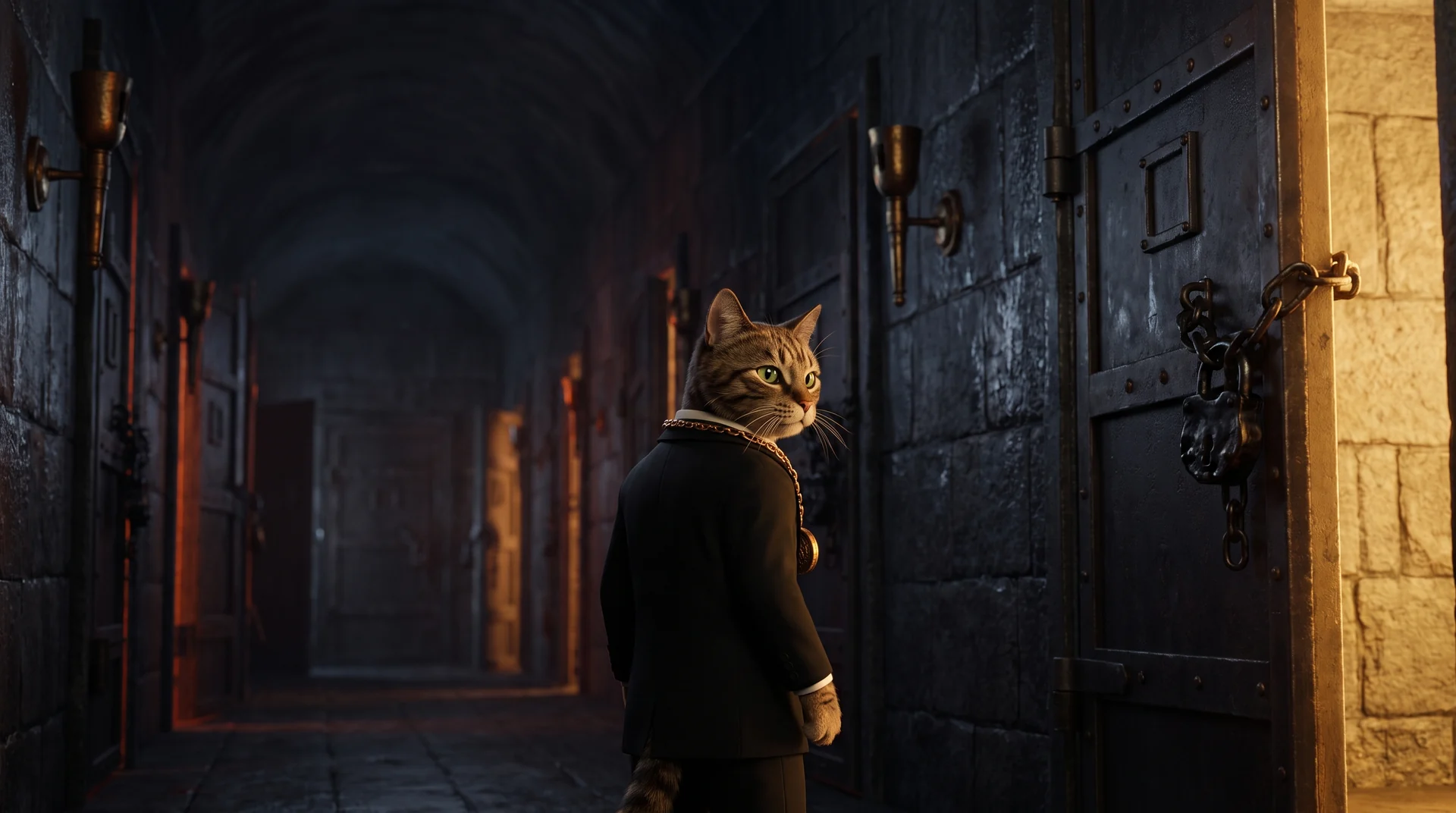 A long dark corridor lined with many identical heavy locked doors, a tabby cat in a suit and gold medallion looking back over its shoulder