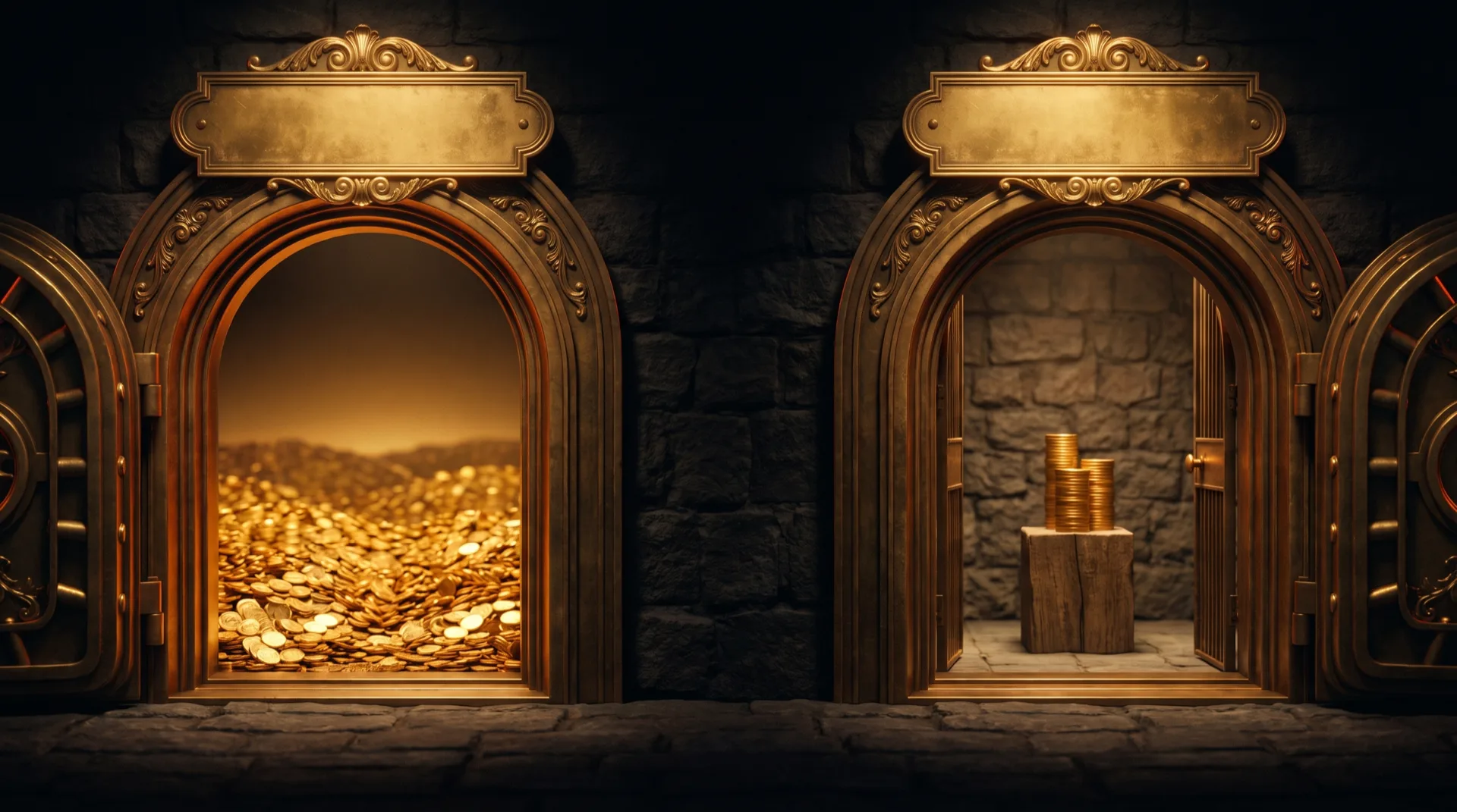 Two enormous vault doorways side by side in a dark stone wall, each crowned with an identical ornate blank brass nameplate, the left opening onto an ocean of gold coins stretching to the horizon and the right onto a small tidy chamber holding a single neat stack of coins on a plinth