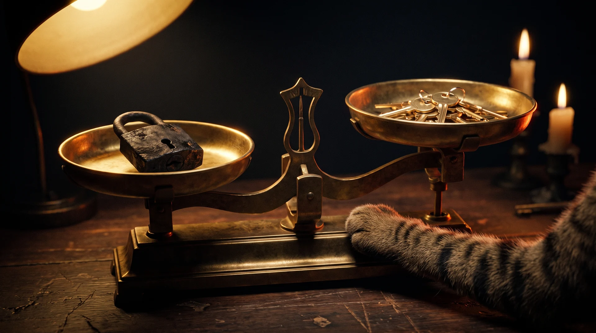 An antique brass balance scale with a single burned padlock in one pan weighed against a heap of small keys in the other