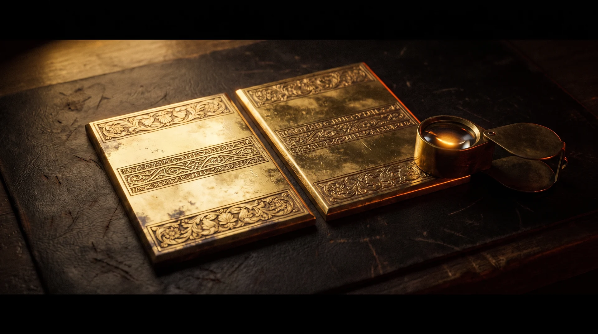 Two nearly identical engraved gold plaques lying side by side on a dark leather workbench, matching at their top and bottom borders but with different patterns engraved across their middle bands, a brass jeweller's loupe resting beside them angled at the middle of the right-hand plaque