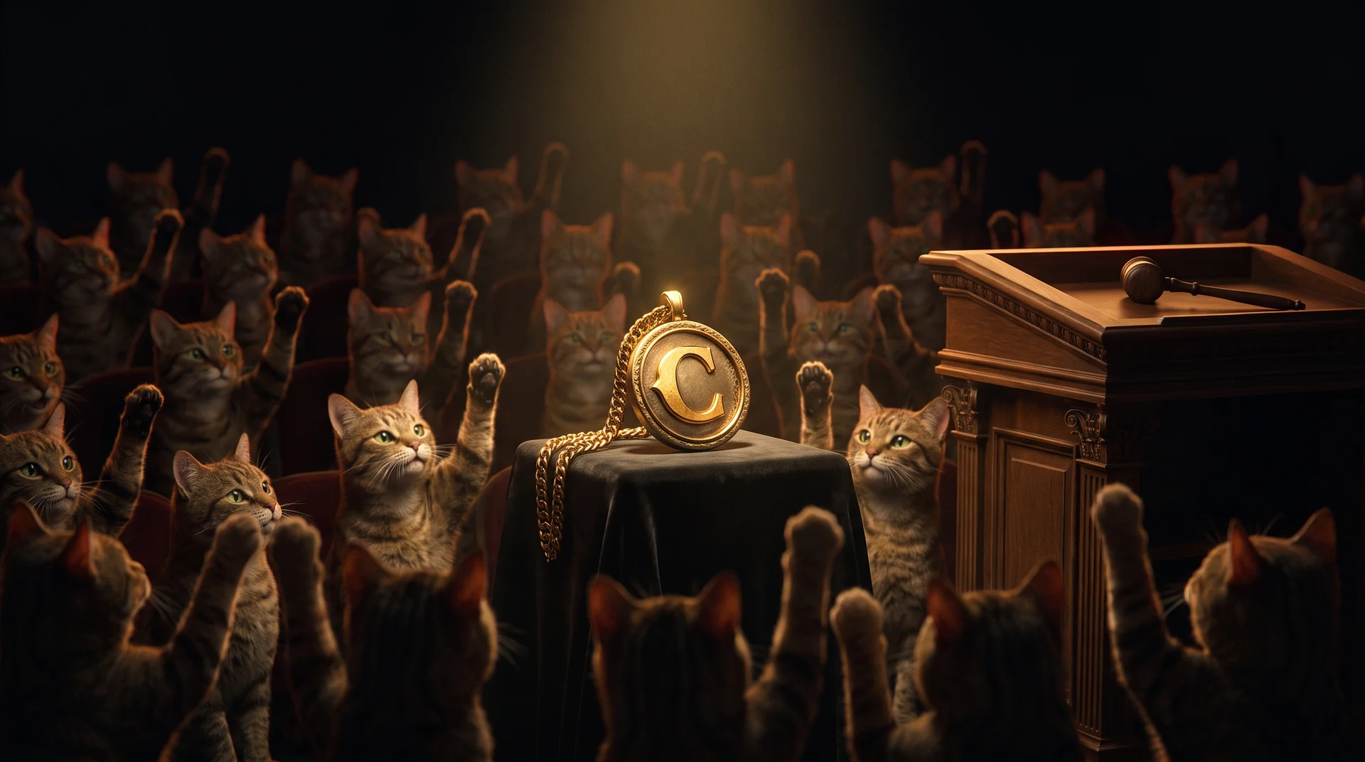 A crowded dark auction hall of tabby cats raising their paws in unison, all lit by reflected gold light, bidding on a single gold C medallion on a velvet plinth under a hard spotlight, with the auctioneer's podium beside it standing empty