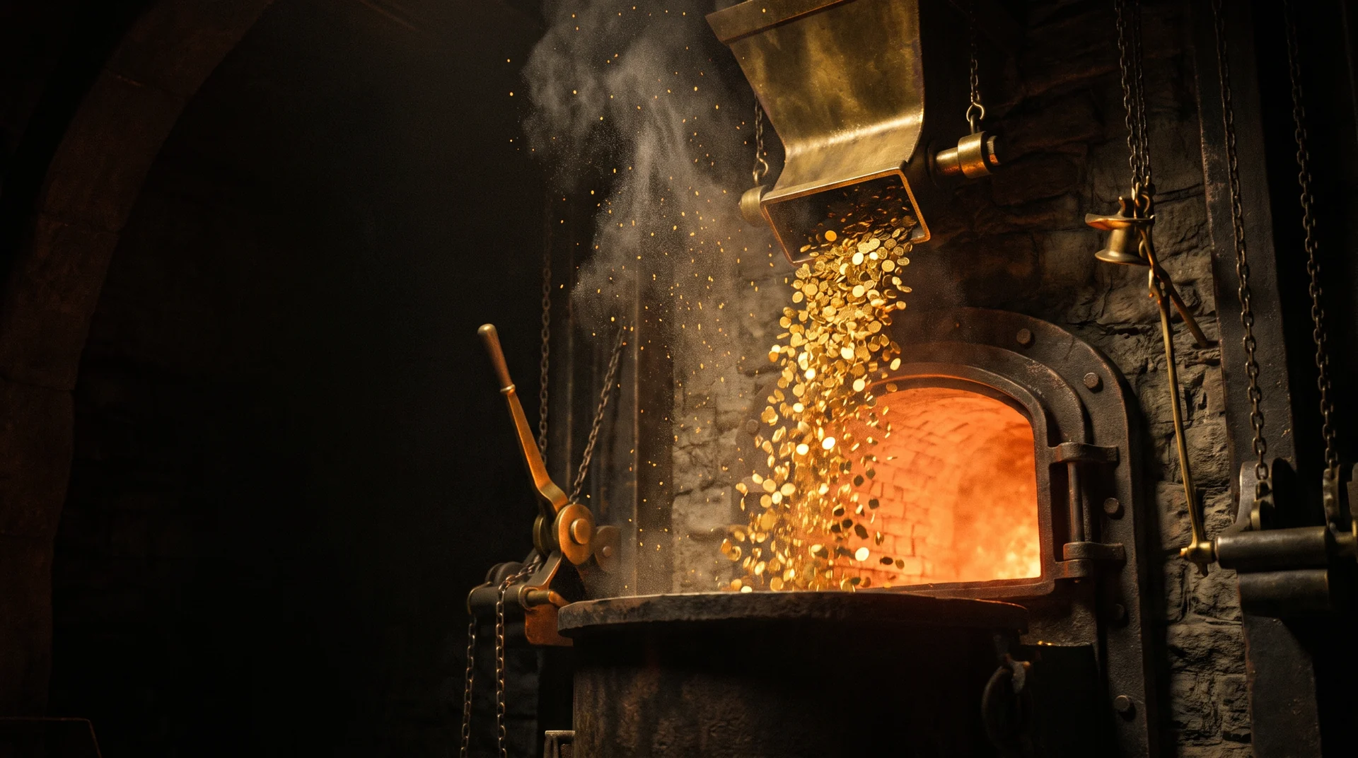 A vast dark industrial vault interior where an overhead brass chute pours a continuous stream of gold coins straight into the glowing open mouth of a cast-iron furnace, ash and sparks rising into the darkness above, with brass levers locked in position and heavy chains hanging still, and not a single person anywhere in the room