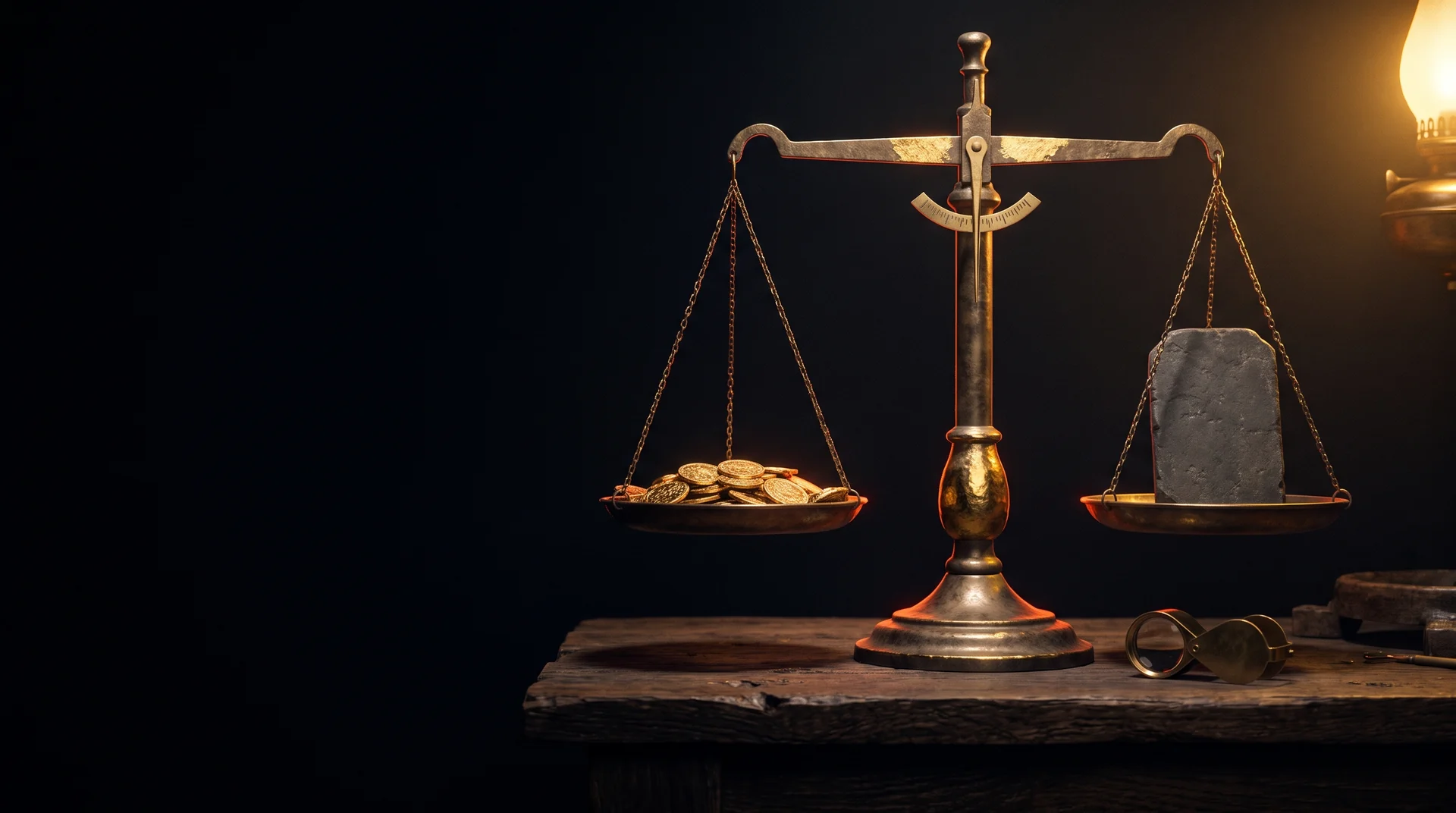 A large antique brass balance scale on a dark oak workbench lit by a single warm gold lamp, the left pan holding a small heap of gold coins and the right pan holding a blank carved stone tablet, the beam perfectly level and the pointer centred, with a brass loupe resting on the bench beside it