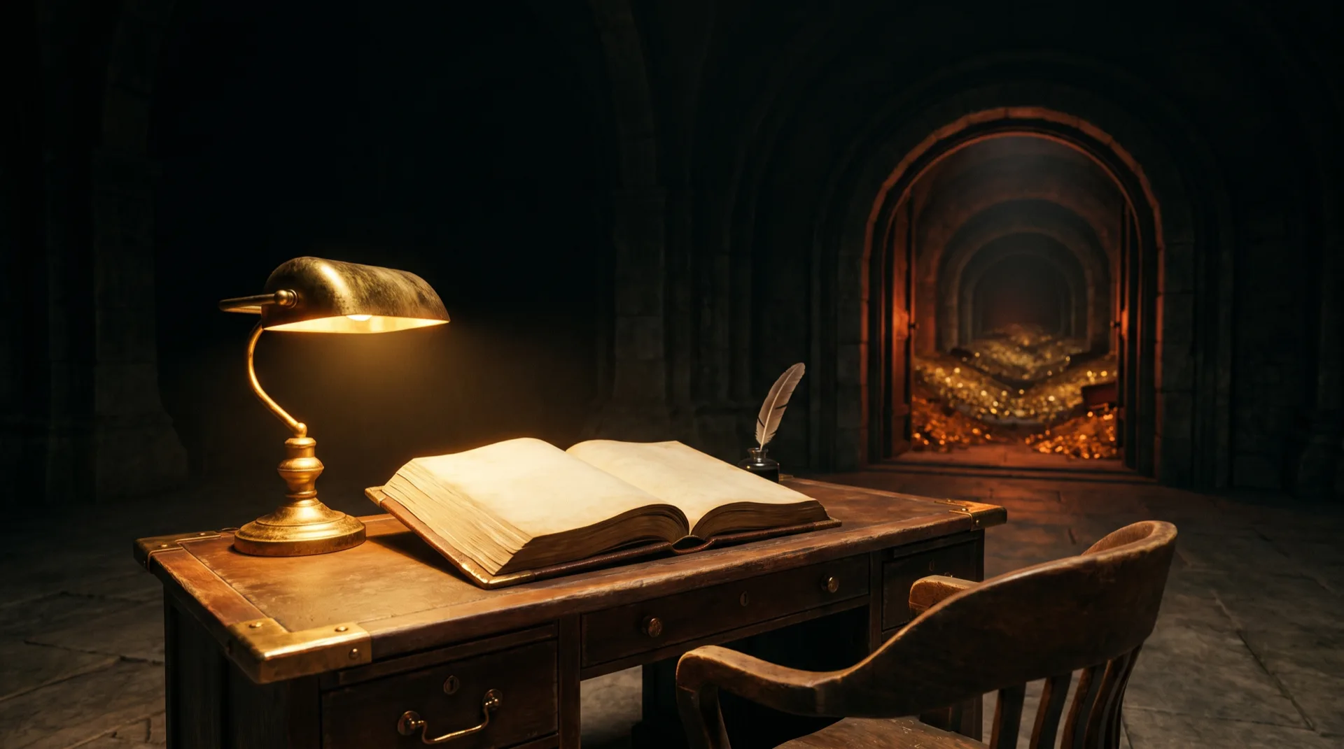 A lone clerk's desk in a cavernous dark hall lit by a single gold lamp, an enormous leather ledger lying open with blank pages and a quill in an inkwell, while far behind through a distant archway a vast vault of gold coins recedes into darkness too far away to count