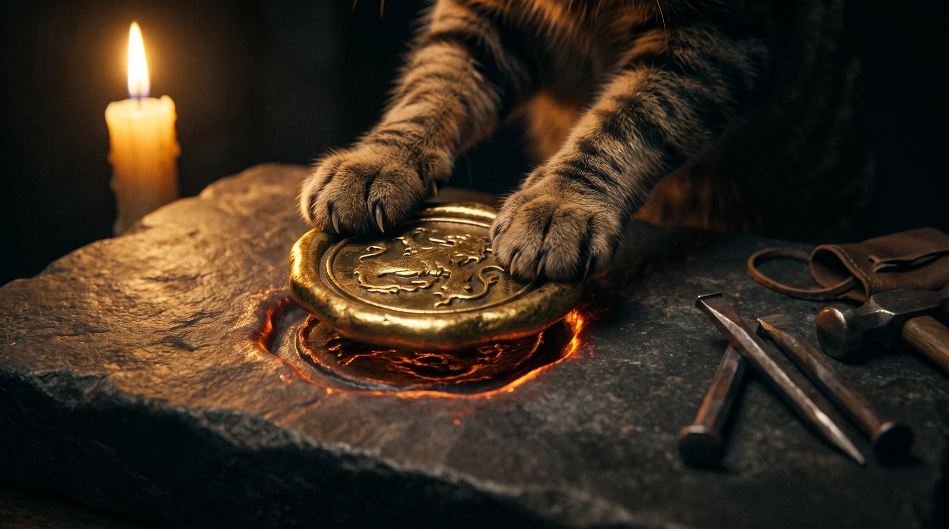 Two tabby cat paws pressing a heavy gold seal into a dark stone slab by candlelight, the impression already cut deep and glowing at the edges, with chisels and a hammer beside it and no tool for undoing anything