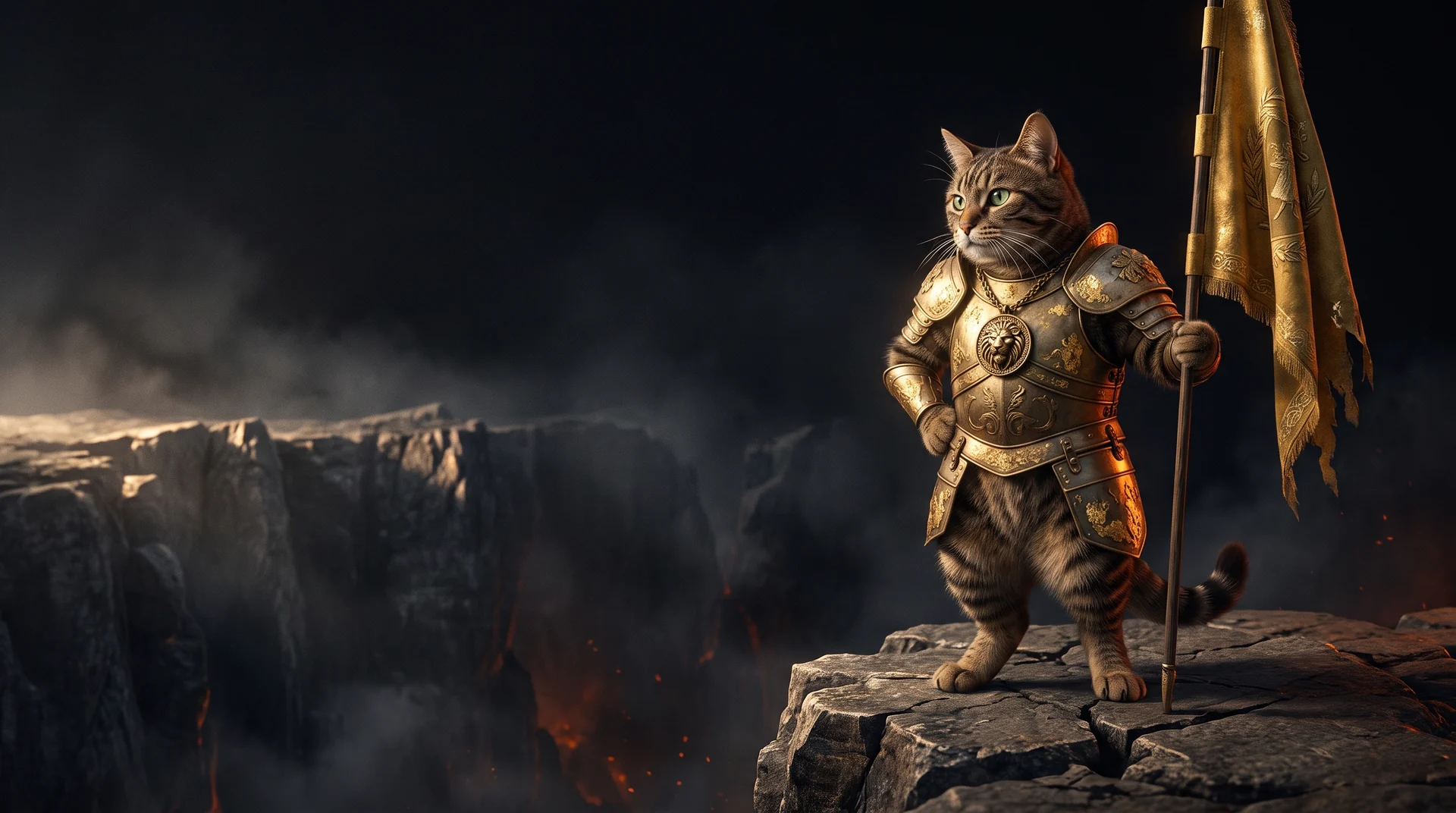 A tabby cat in gold armour standing calmly at the edge of an enormous chasm with a tattered banner planted beside it