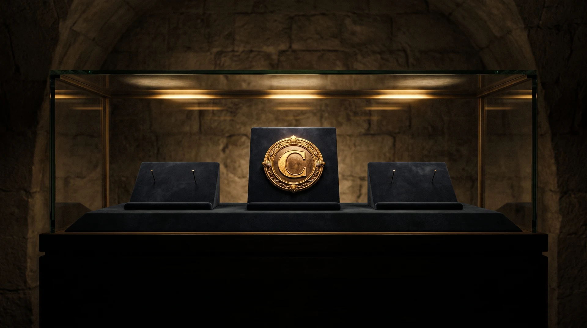 A single antique gold medallion bearing the letter C mounted on dark velvet inside a dimly lit museum display case, with the velvet mounts on either side of it conspicuously empty