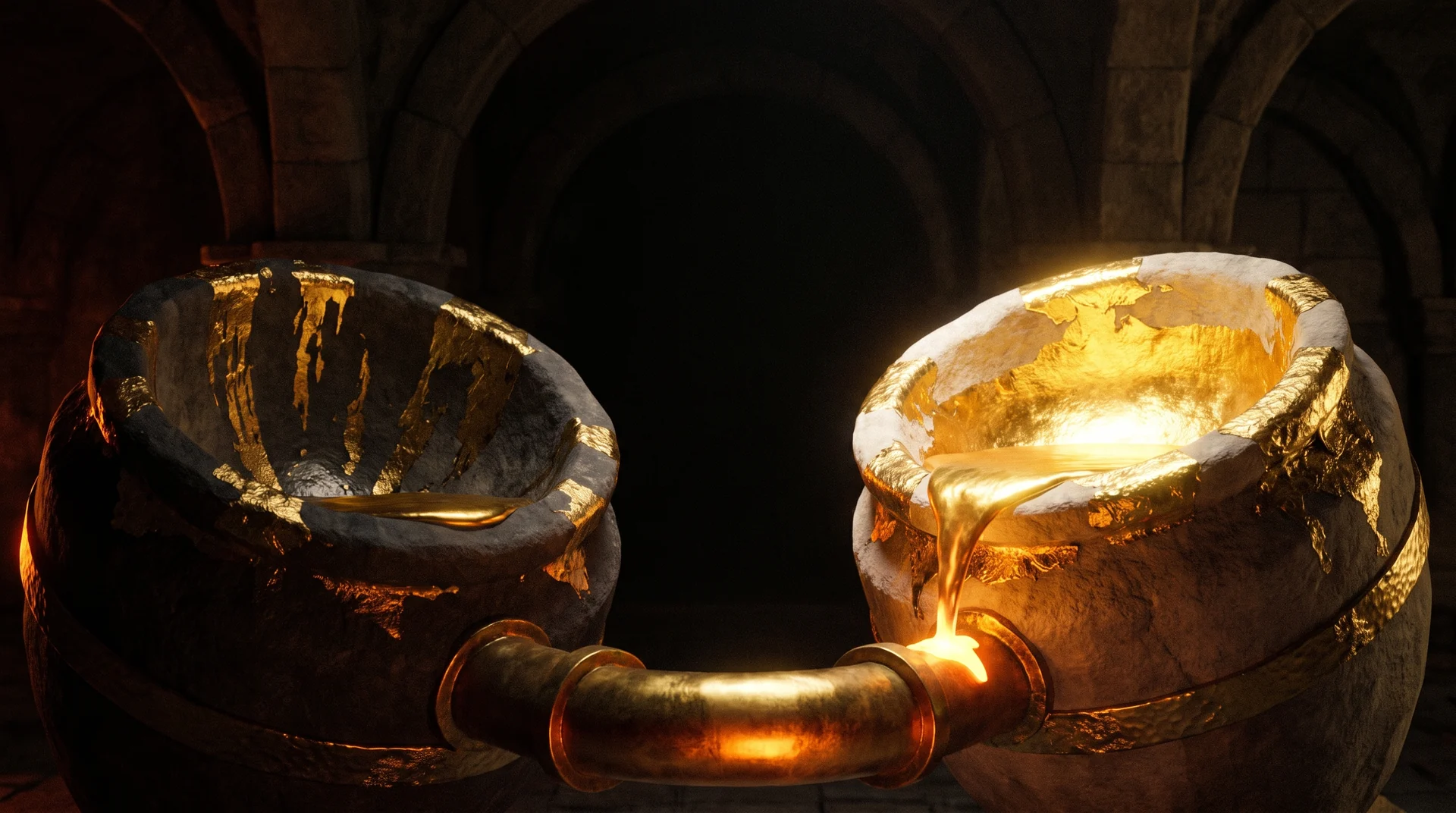 Two rough stone vessels in a dark vaulted cellar, joined at their bases by a thick glowing brass pipe. The left vessel is nearly empty with gold streaked down its inner walls. The right vessel is brimming with molten gold and spilling over its lip, lit brilliantly from within.