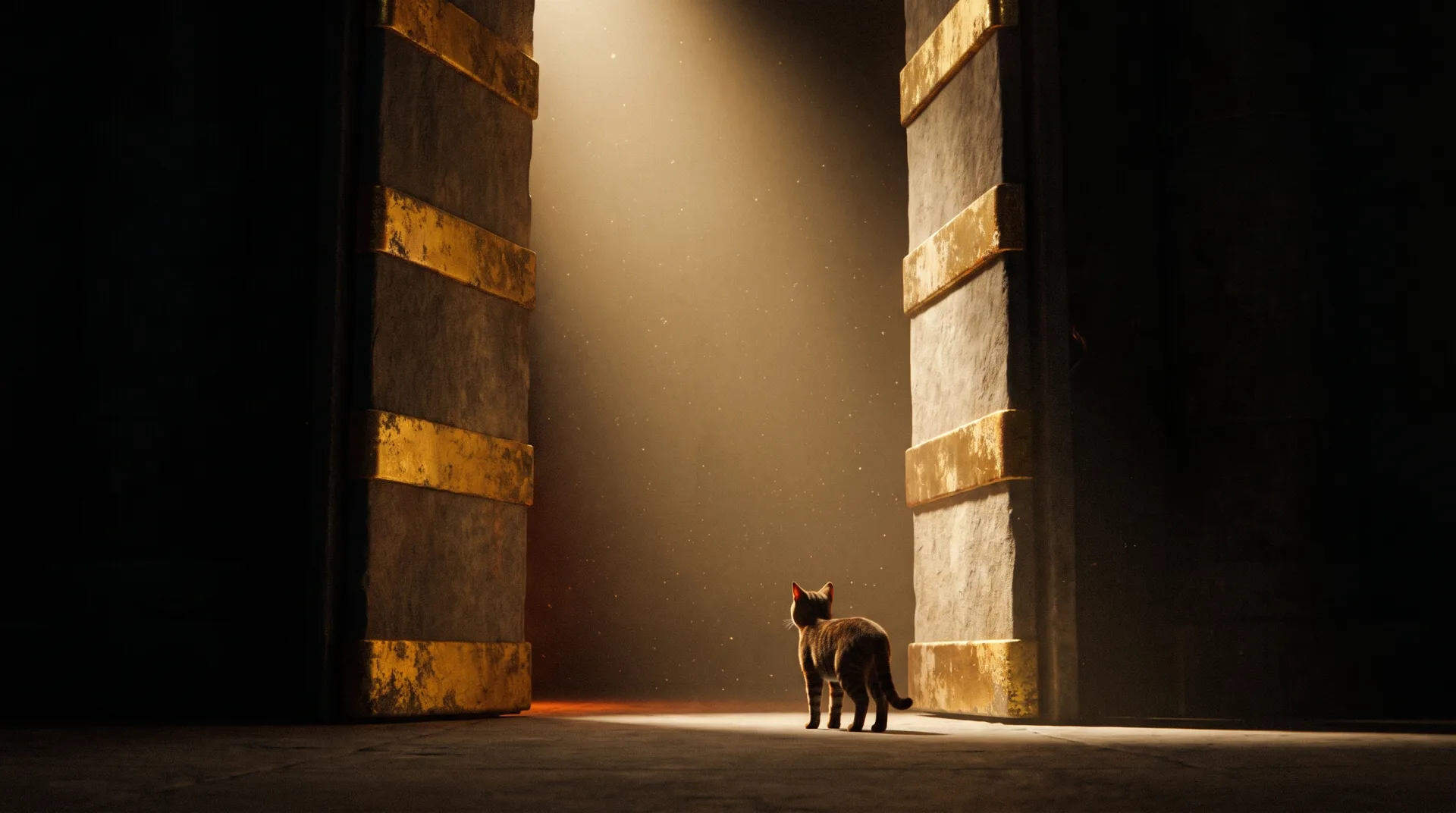 A small tabby cat seen from behind, alone at the threshold of an enormous open stone doorway banded in gold, dust still settling in the shaft of light falling into an empty hall