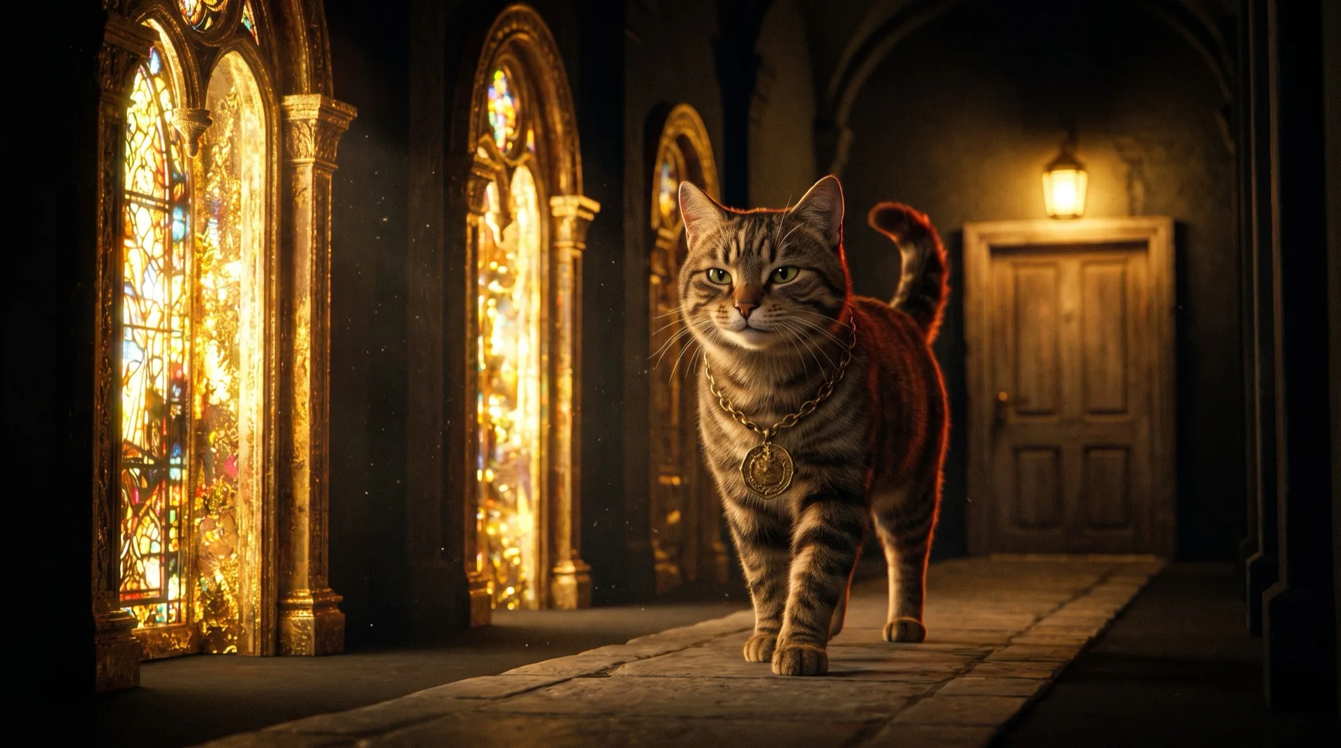 A tabby cat wearing a gold medallion walking down a dark stone corridor past a row of ornate gilded arches blazing with gaudy coloured light, with a plain wooden door under a single steady lamp further along the passage