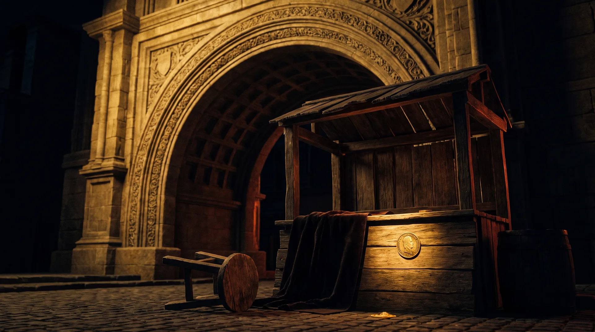 A small abandoned wooden market stall at night in front of a massive, ornately carved stone archway lit in warm gold, with a stool knocked over, a dark cloth draped off the counter and one antique-gold coin left on its front.