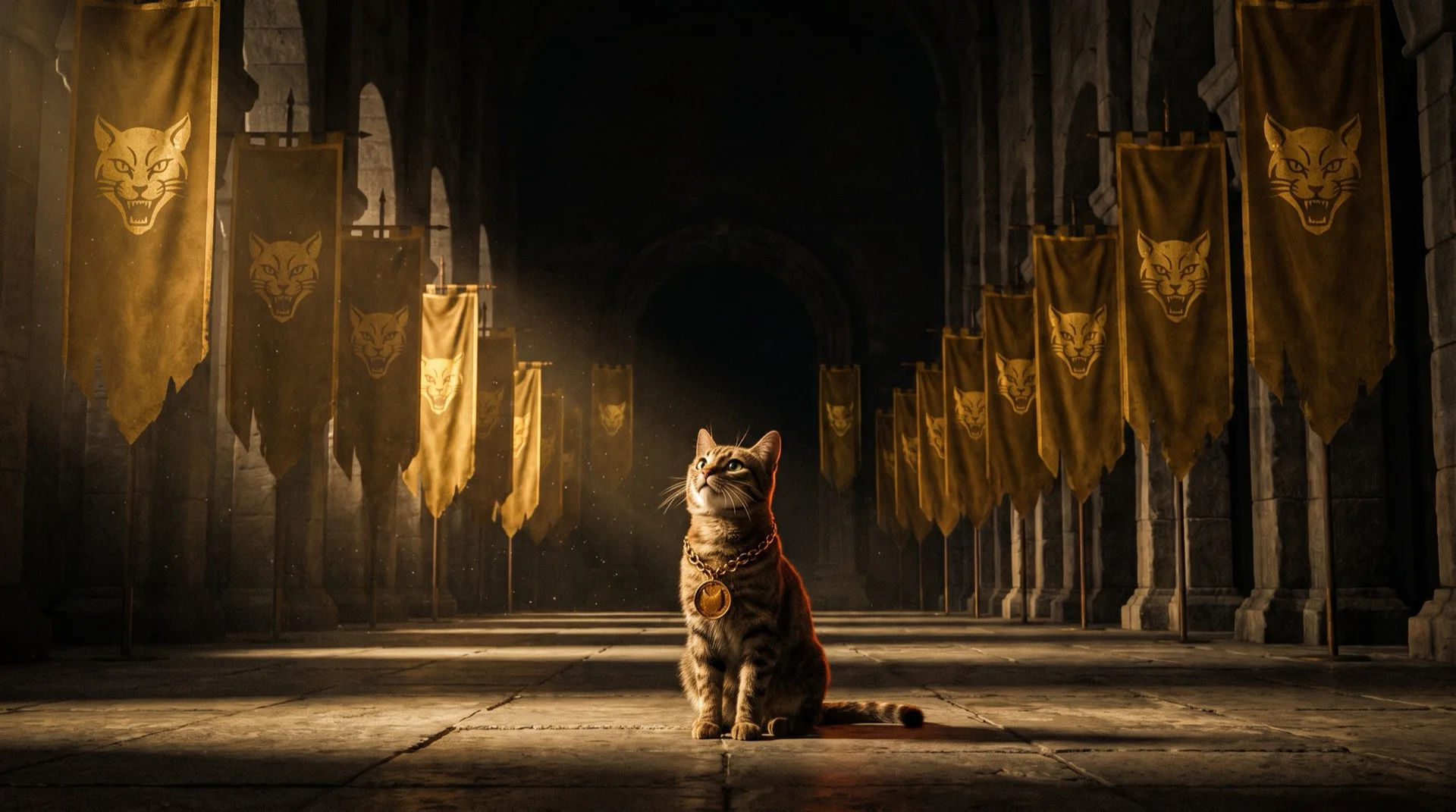 A small tabby cat wearing a gold medallion sitting alone on the floor of a vast dark stone hall, head tilted up, studying two long rows of nearly identical gold banners that all carry the same cat sigil and recede into shadow