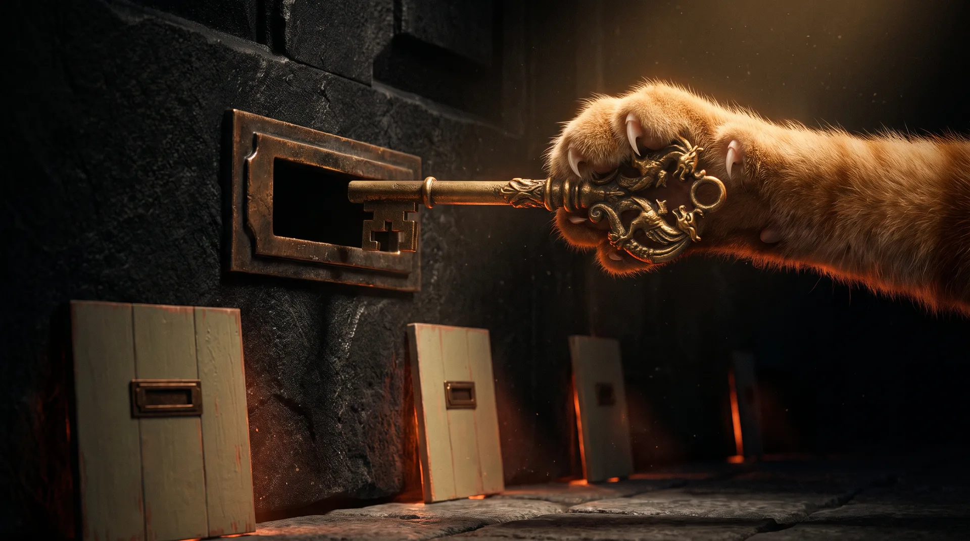 A ginger cat's paw pushing an ornate gold key toward a bronze letter slot in a black stone wall, while several near-identical letter slots on flat painted boards lean against the wall below, orange light leaking around their edges.