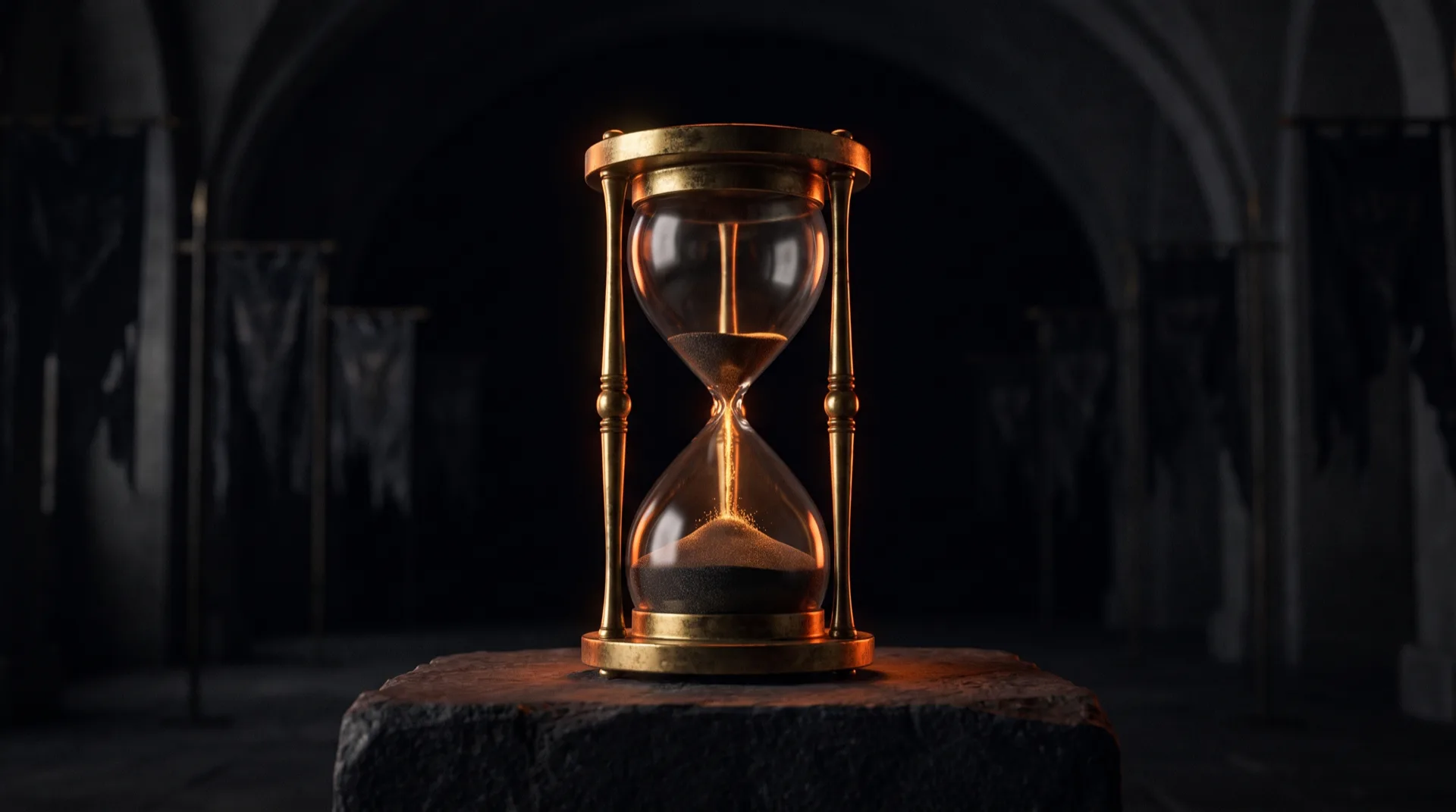 An antique brass and glass hourglass on a dark stone plinth with only a thin last thread of glowing sand still falling into the lower bulb