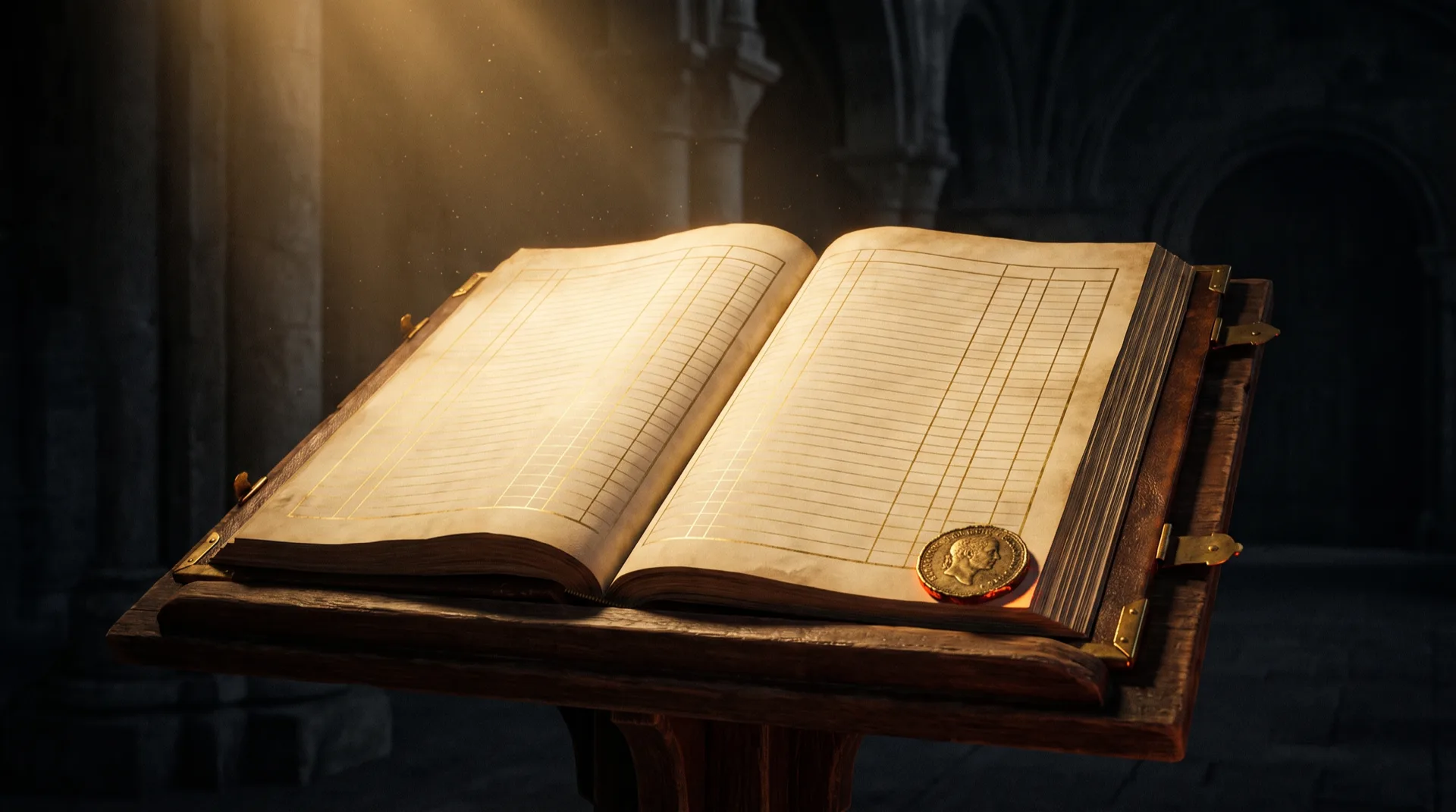 A huge leather-bound ledger open on a dark lectern in a shadowed hall, its pages ruled into rows of empty gold-lined entry boxes, with a single antique-gold coin resting on the edge of the right-hand page, outside every box.
