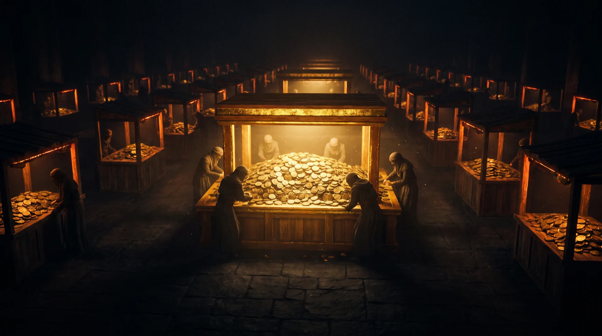 A vast dark market hall at night with one enormous brightly lit central stall heaped with identical gold medallions, surrounded by progressively smaller and dimmer stalls offering the same medallions, receding into shadow
