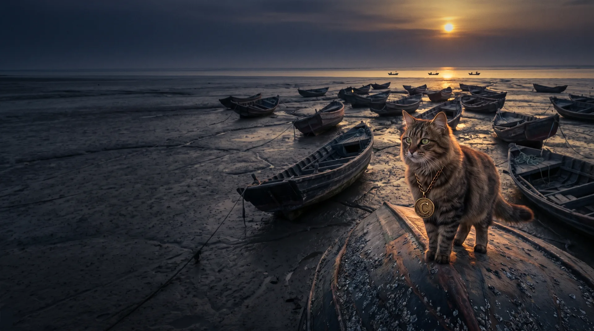 A vast tidal mudflat at cold dawn stretching to a low horizon with hundreds of small wooden boats stranded and keeled over at broken angles in grey cracked mud, ropes trailing from dark abandoned hulls, while far in the distance a single narrow channel of water catches the low gold sunrise with three or four boats still afloat in it, and a tabby cat wearing a gold medallion stands on the upturned hull of one beached boat looking out toward the water