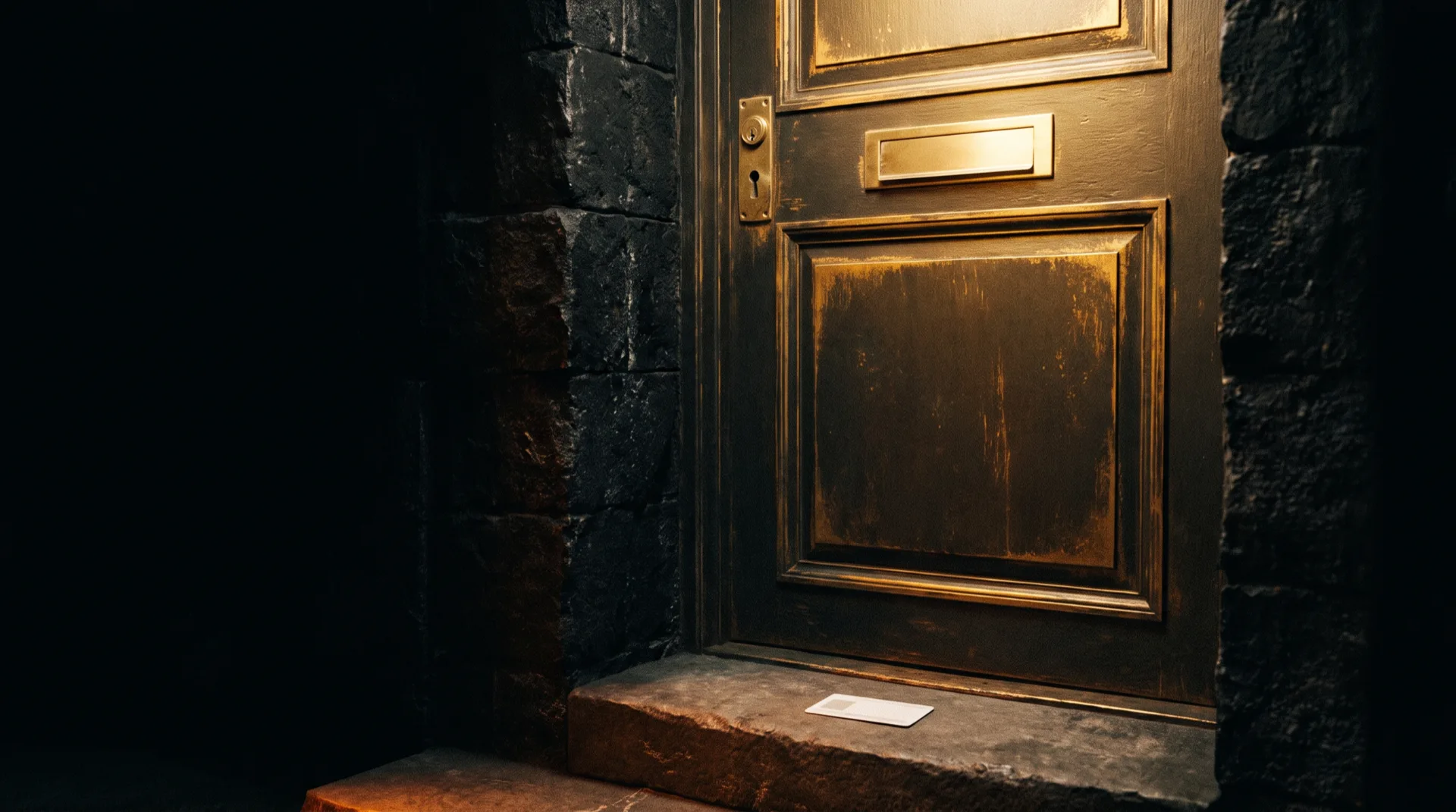 A closed heavy bronze door set in black stone, lit by warm gold light, with a brass keyhole and a brass letter slot, and a plain blank identification card lying face up on the worn stone step below.