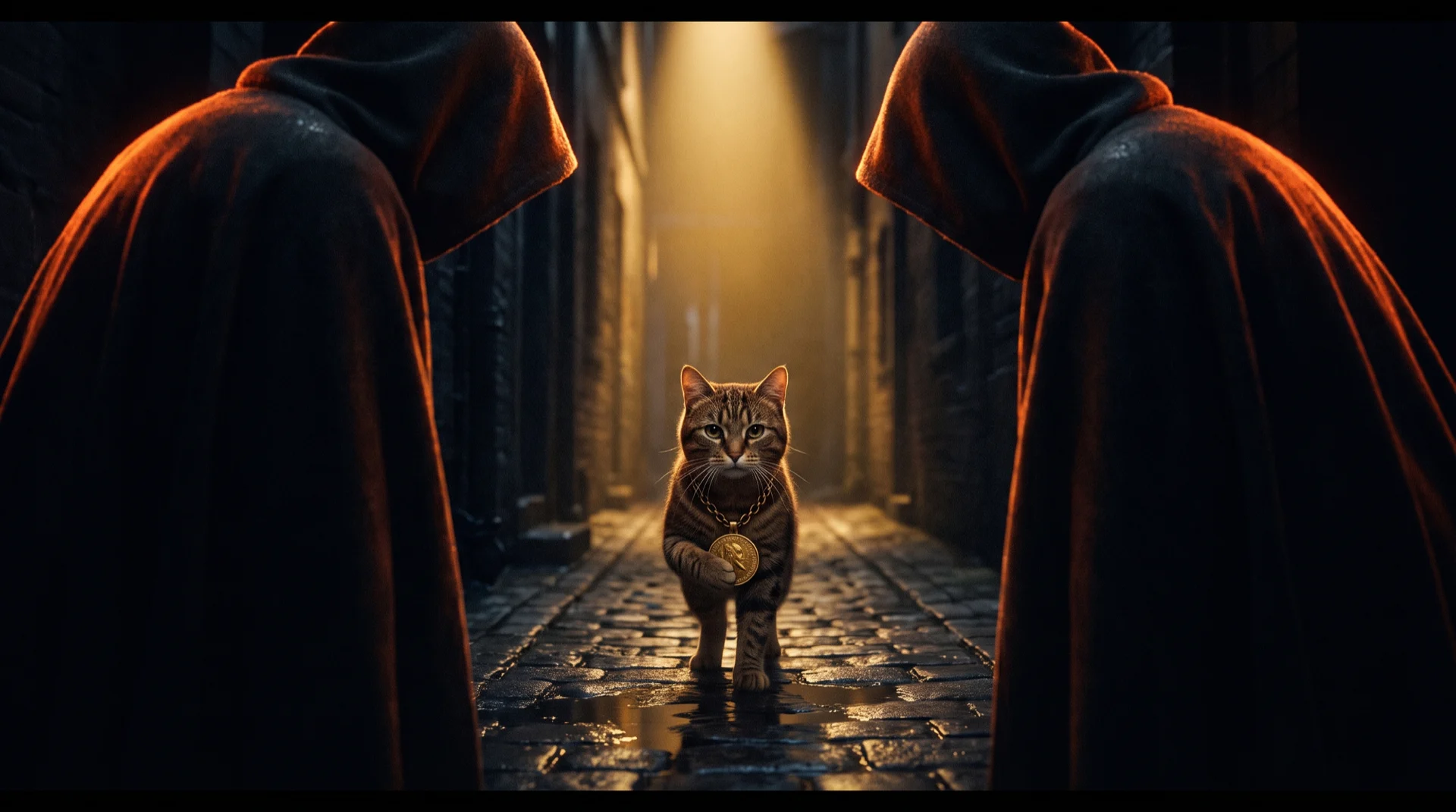 A small tabby cat clutching a gold coin walking down a narrow alley at night between two enormous hooded figures who close in from either side, gold rim light catching their shoulders and the alley walls