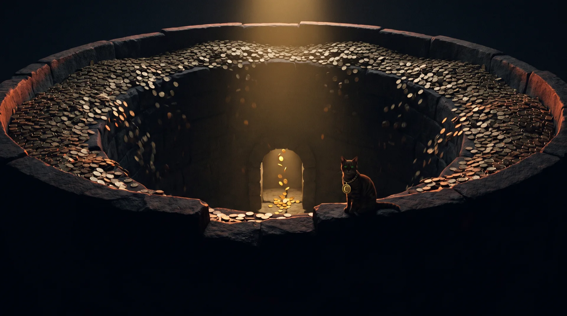 A colossal dark funnel-shaped stone amphitheatre seen from above, its wide upper rim packed with an enormous churning multitude of hundreds of thousands of small dull bronze coins sliding downward toward a single impossibly narrow lit archway at the base, with only a thin sparse trickle of perhaps a dozen bright polished gold coins emerging on the far side into a shaft of warm light, and a small silhouetted tabby cat wearing a gold medallion watching from a ledge beyond the arch