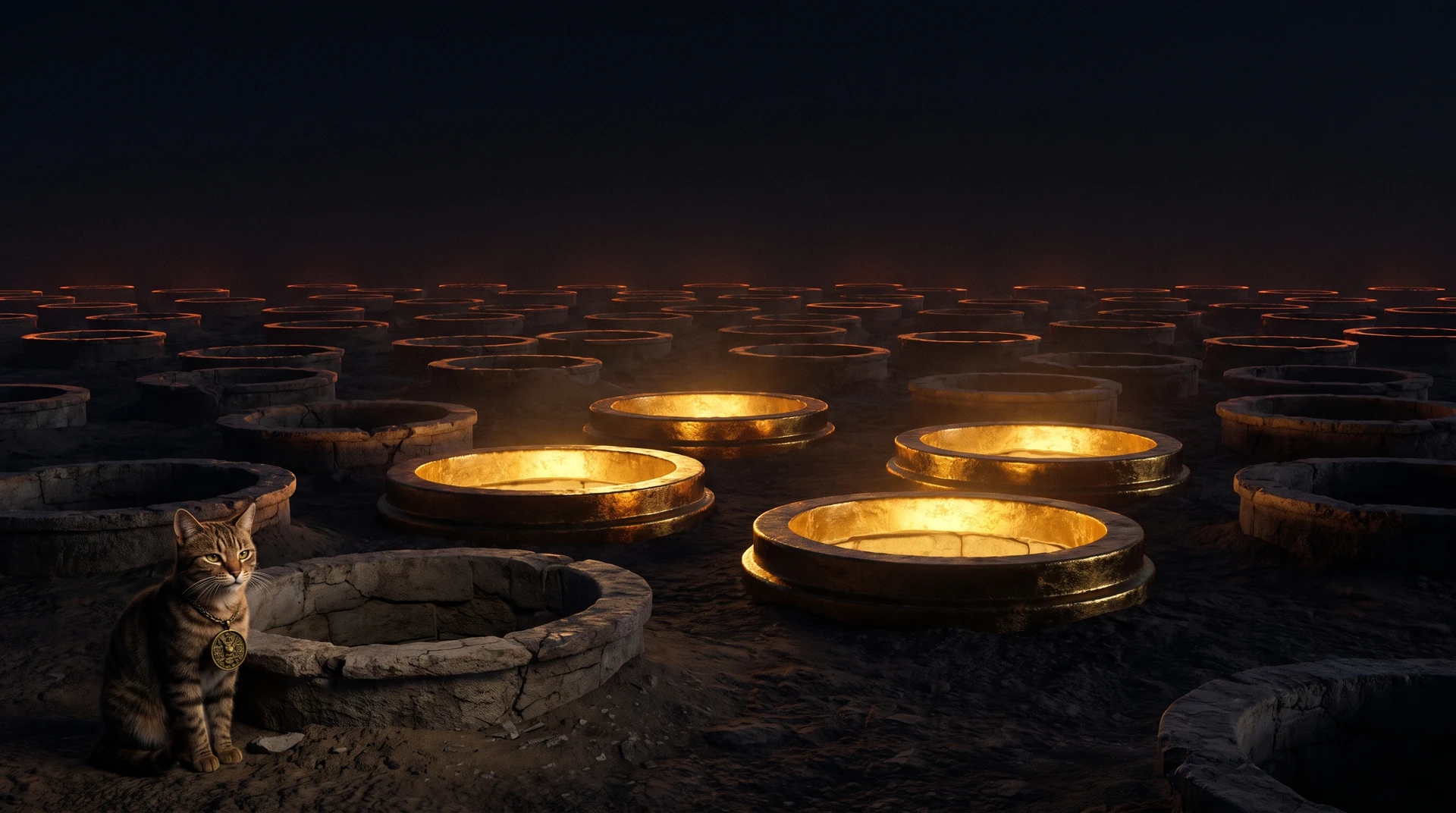 A vast dark plain at night covered with dozens of circular stone wellheads receding into the distance, only four of them glowing with deep gold light from water far below while every other wellhead is dry, cracked and choked with drifted dust, a small tabby cat wearing a gold medallion sitting beside one of the dry ones