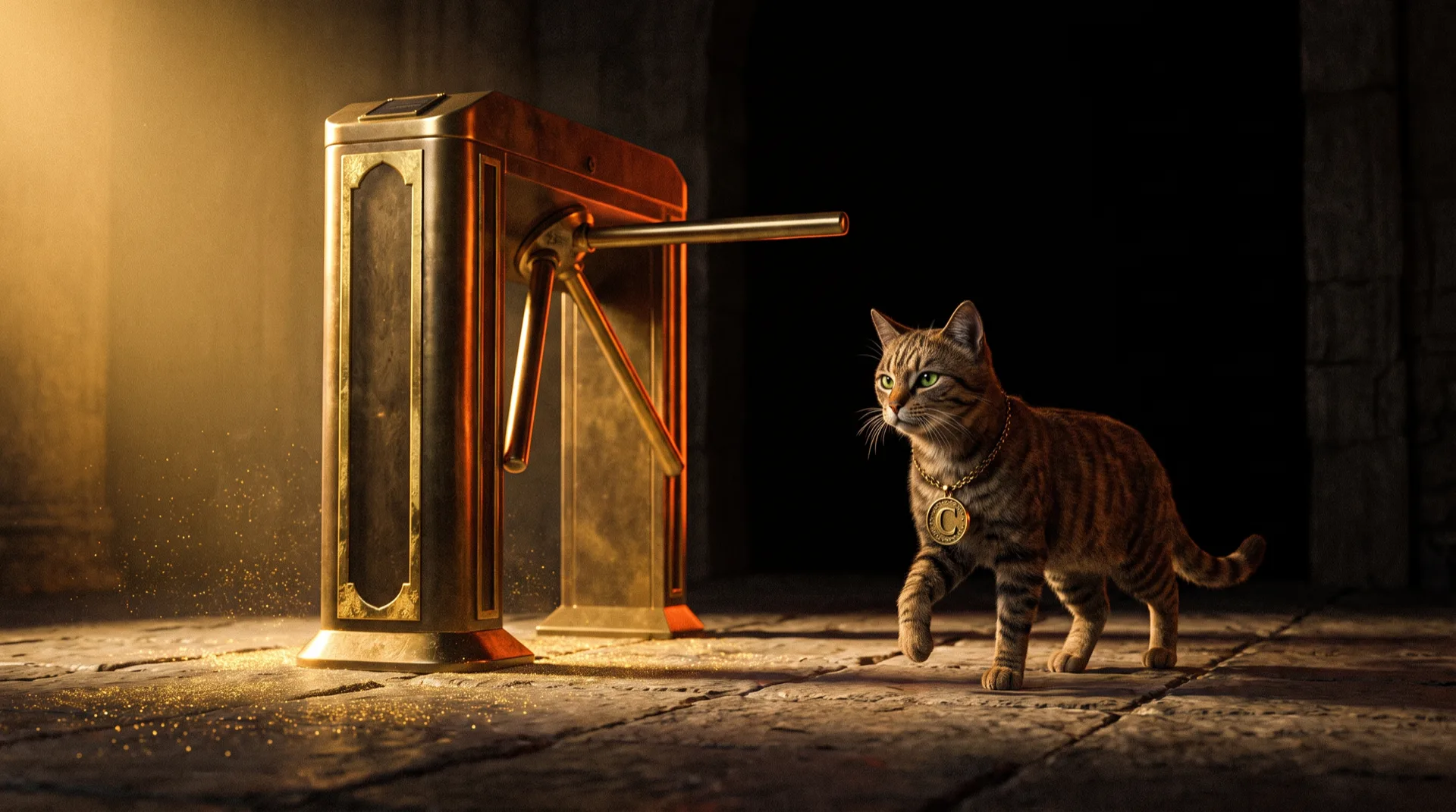 A heavy brass turnstile alone in a stone hall, warm gold light and glittering dust filling the side it faces, and on the far side beyond it a brown tabby cat wearing a gold C medallion standing in near darkness with one paw raised, looking back